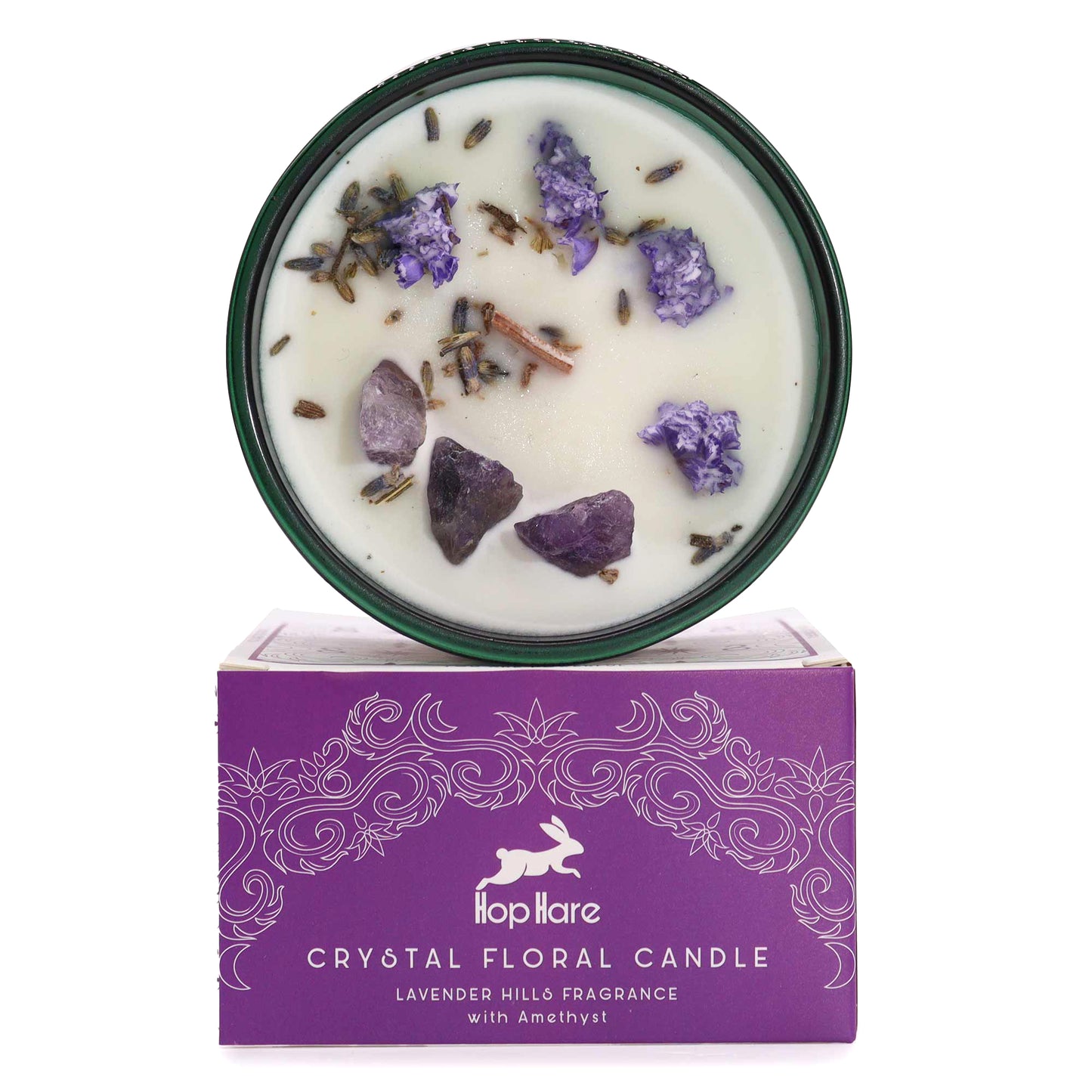 The Moon Hop Hare Crystal Floral Candle – 330g | Lavender Hills Fragrance with Amethyst