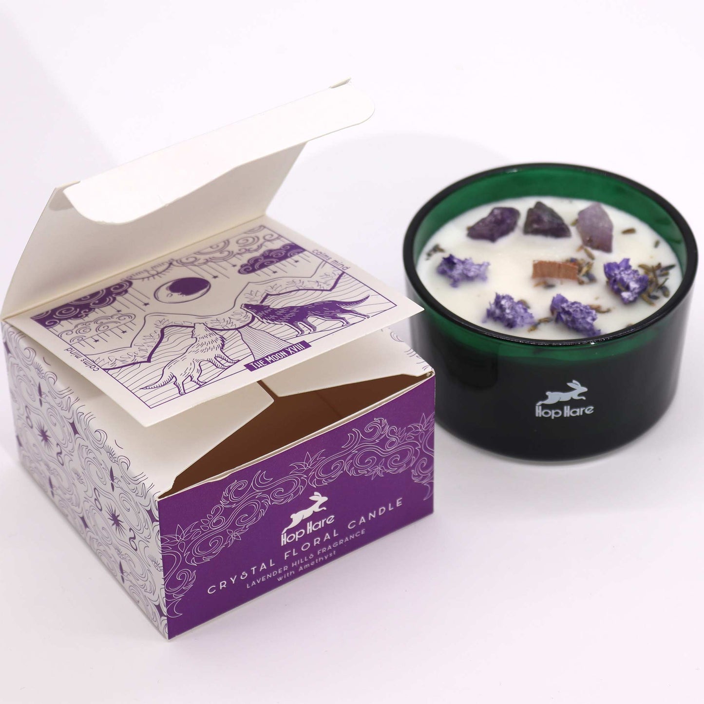 The Moon Hop Hare Crystal Floral Candle – 330g | Lavender Hills Fragrance with Amethyst