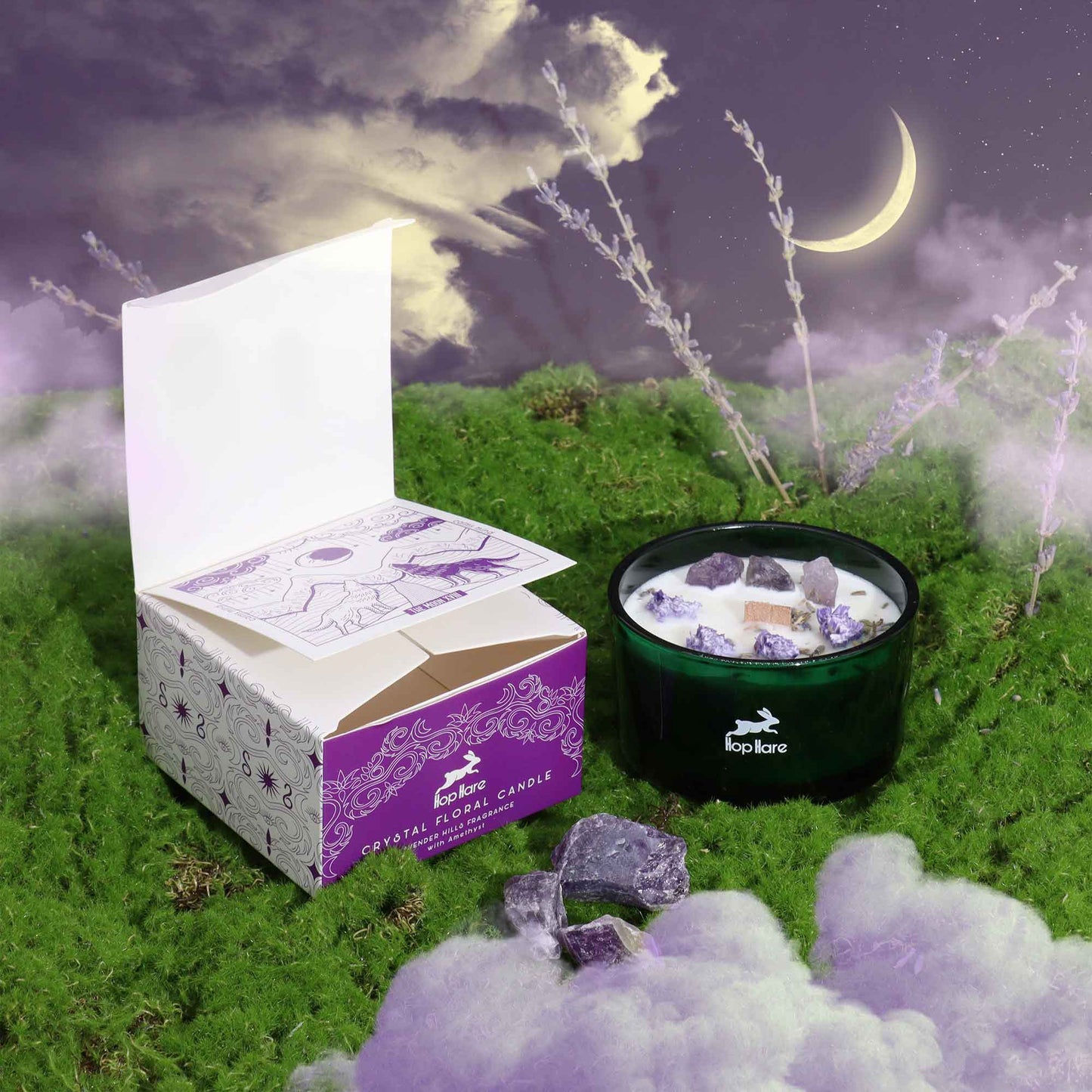 The Moon Hop Hare Crystal Floral Candle – 330g | Lavender Hills Fragrance with Amethyst