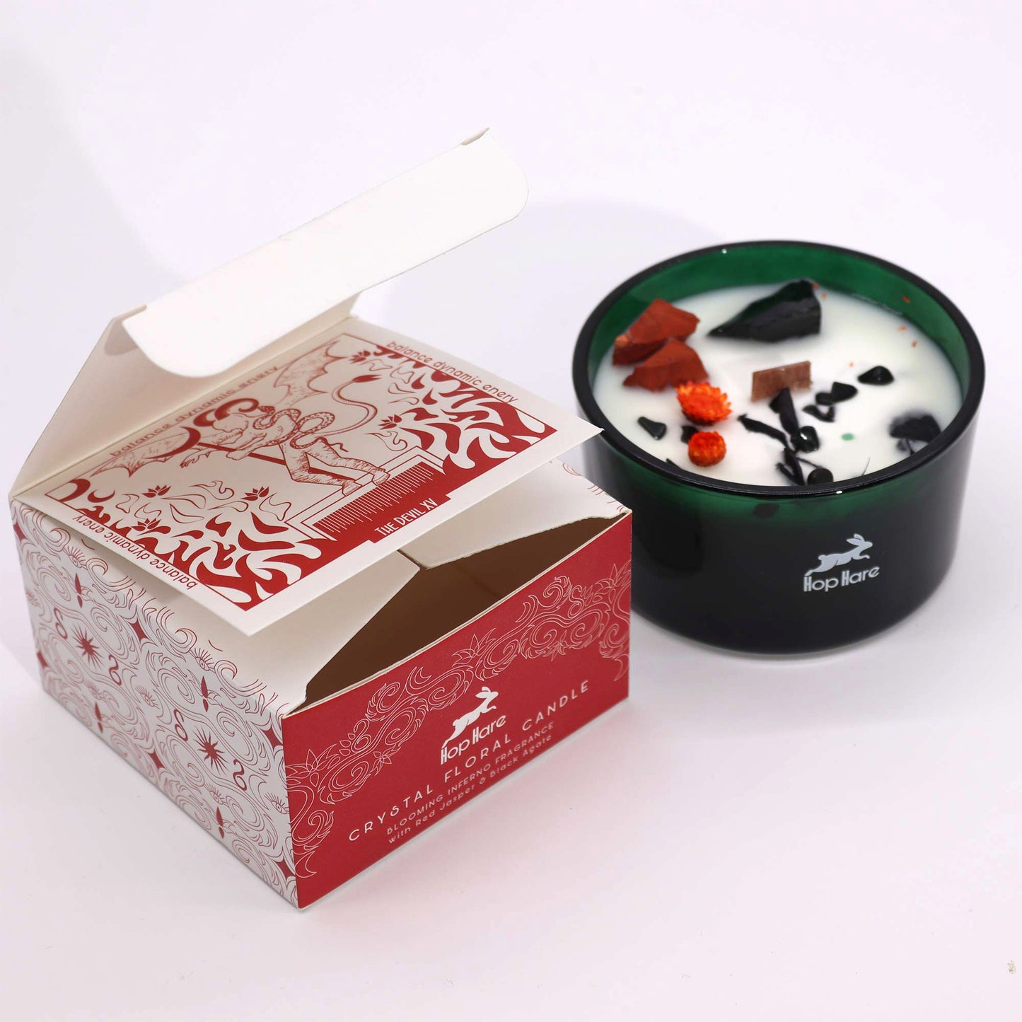 The Devil Hop Hare Crystal Floral Candle – 330g | Blooming Inferno Fragrance with Red Jasper & Black Agate