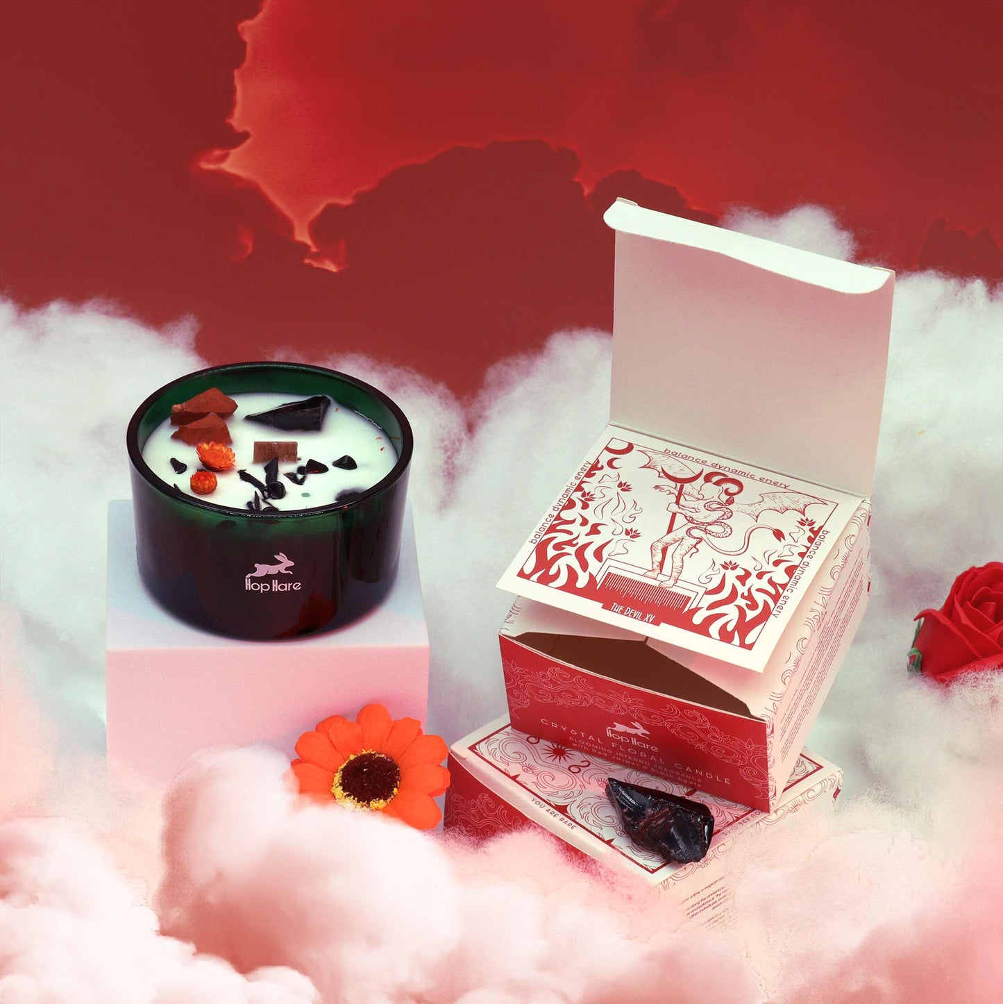 The Devil Hop Hare Crystal Floral Candle – 330g | Blooming Inferno Fragrance with Red Jasper & Black Agate