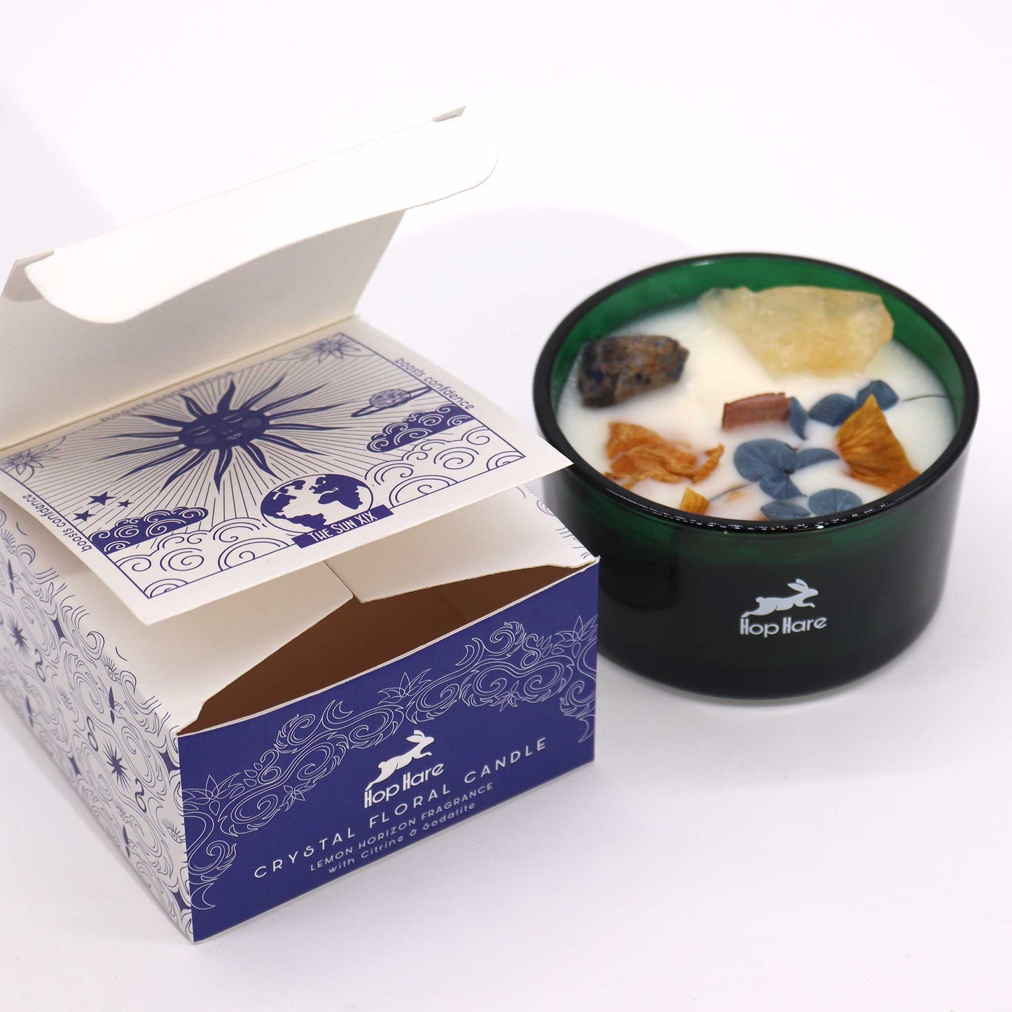The Sun Hop Hare Crystal Floral Candle – 330g | Lemon Horizon Fragrance with Citrine & Sodalite