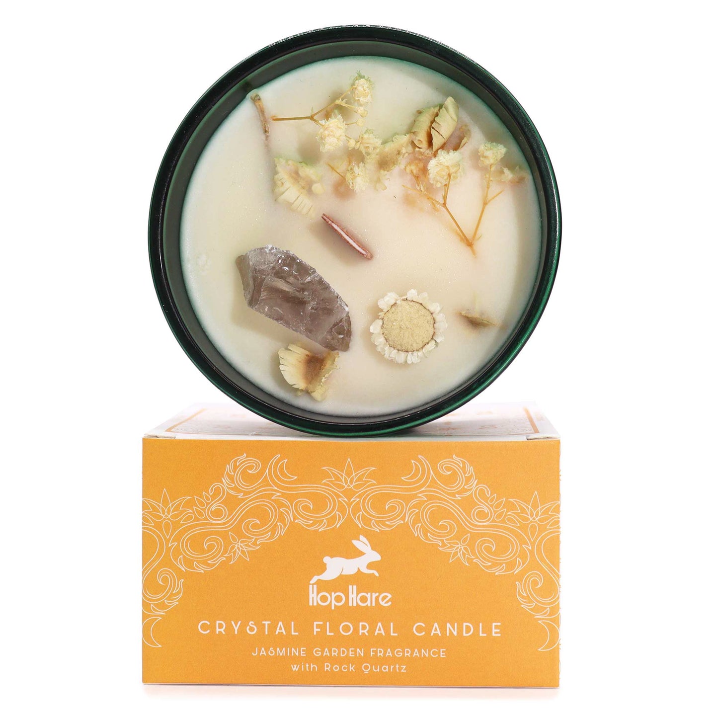 The Lion Hop Hare Crystal Floral Candle – 330g | Jasmine Garden Fragrance with Rock Quartz