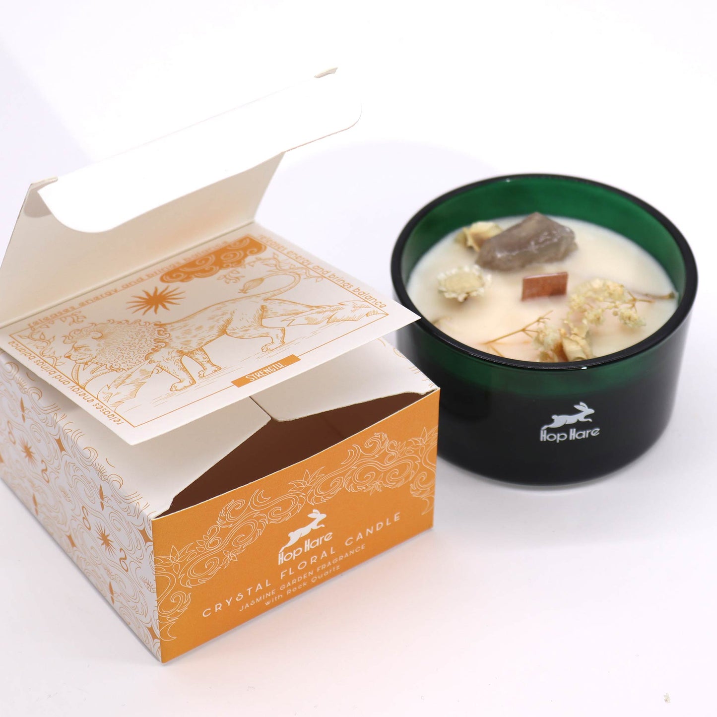 The Lion Hop Hare Crystal Floral Candle – 330g | Jasmine Garden Fragrance with Rock Quartz