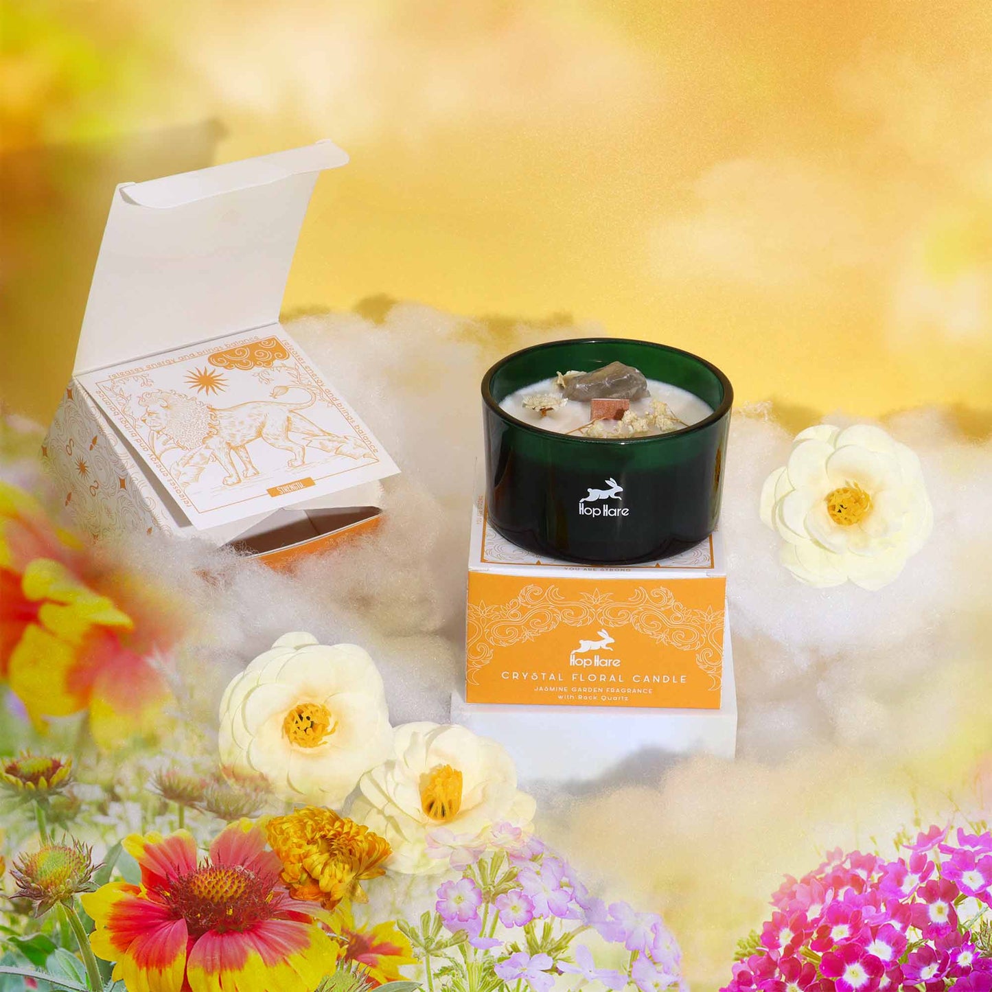 The Lion Hop Hare Crystal Floral Candle – 330g | Jasmine Garden Fragrance with Rock Quartz