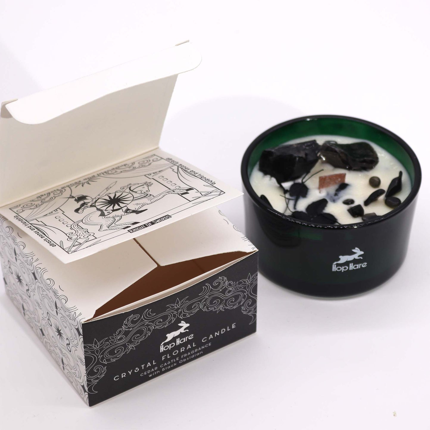 The Knight of Swords Hop Hare Crystal Floral Candle – 330g | Cedar Castle Fragrance with Black Obsidian