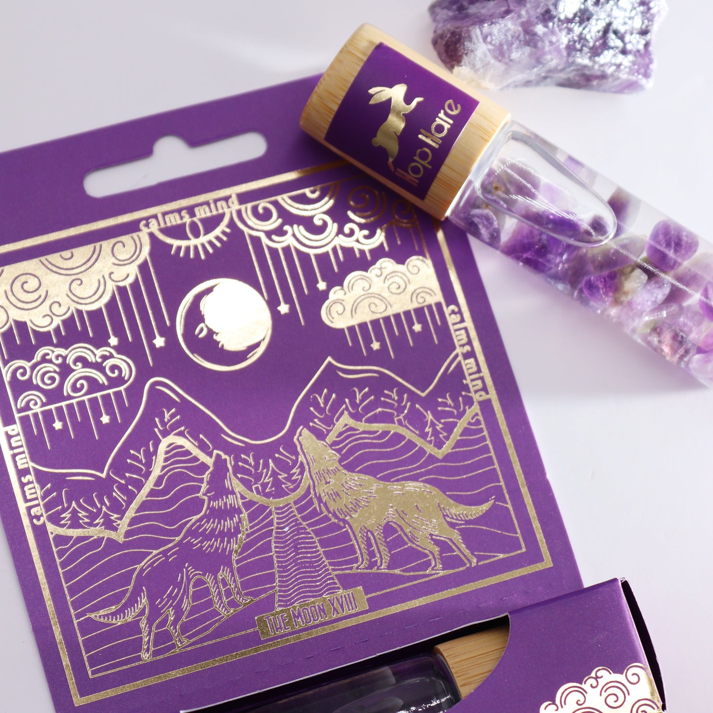 The Moon – Hope Hare Gemstone Essential Oil Roll On | Amethyst with Lavender, Rosemary, Cedarwood & Chamomile