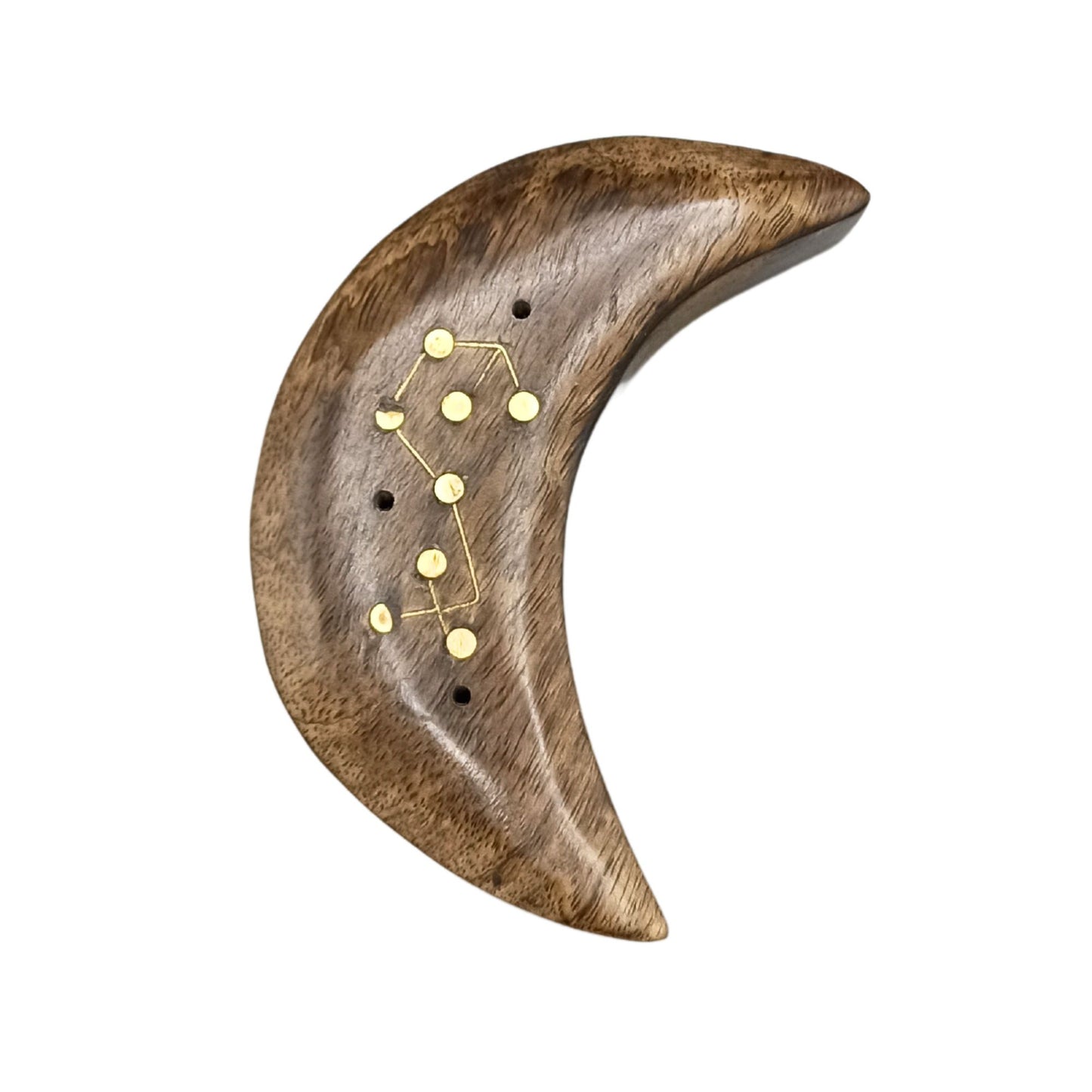 Crescent Moon Zodiac Constellation Incense Holder – Mango Wood with Engraved Brass Inlay | 12 Astrological Signs