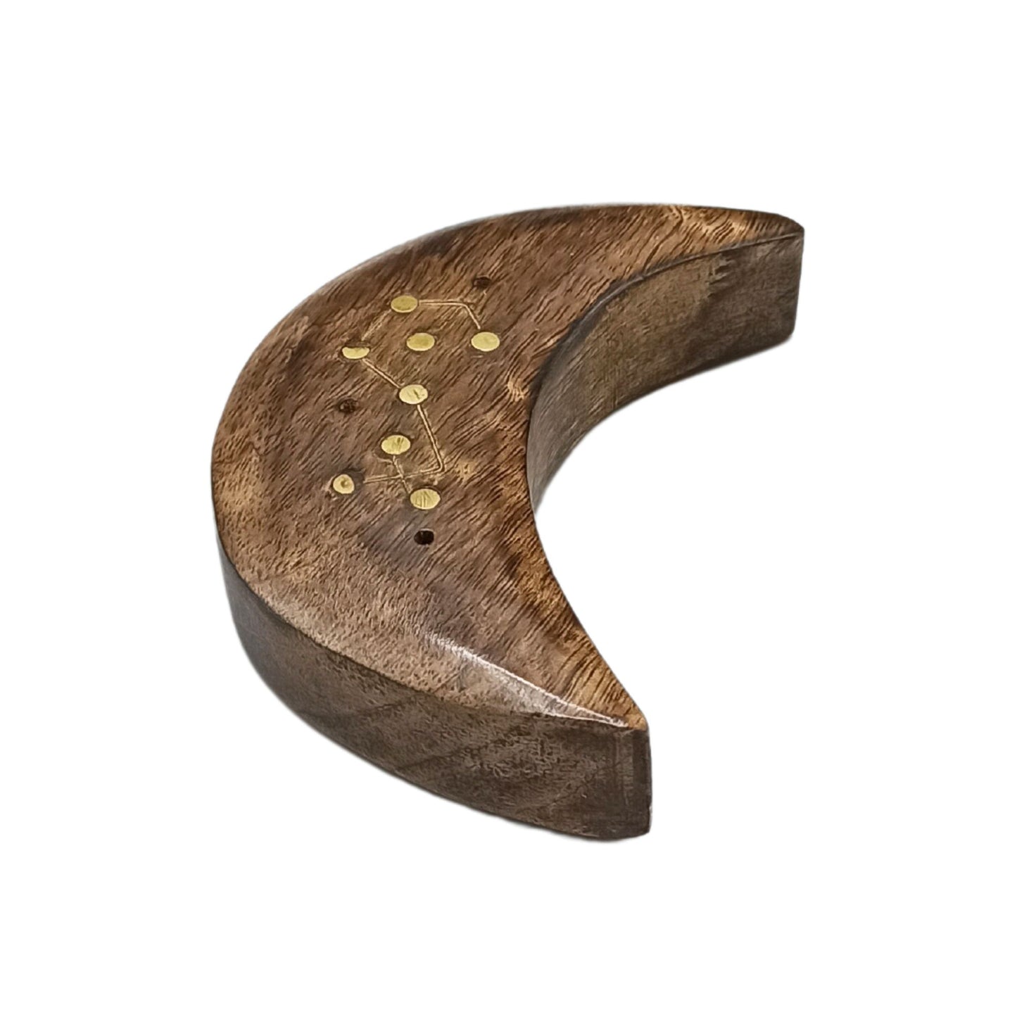 Crescent Moon Zodiac Constellation Incense Holder – Mango Wood with Engraved Brass Inlay | 12 Astrological Signs