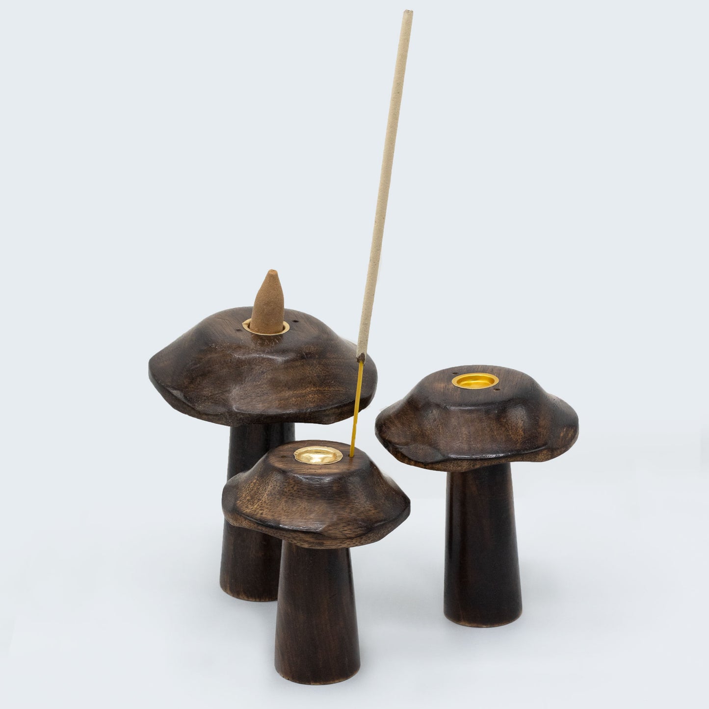 Flat Cap Mushroom Incense Holders – Set of 3 | Handcrafted Mango Wood