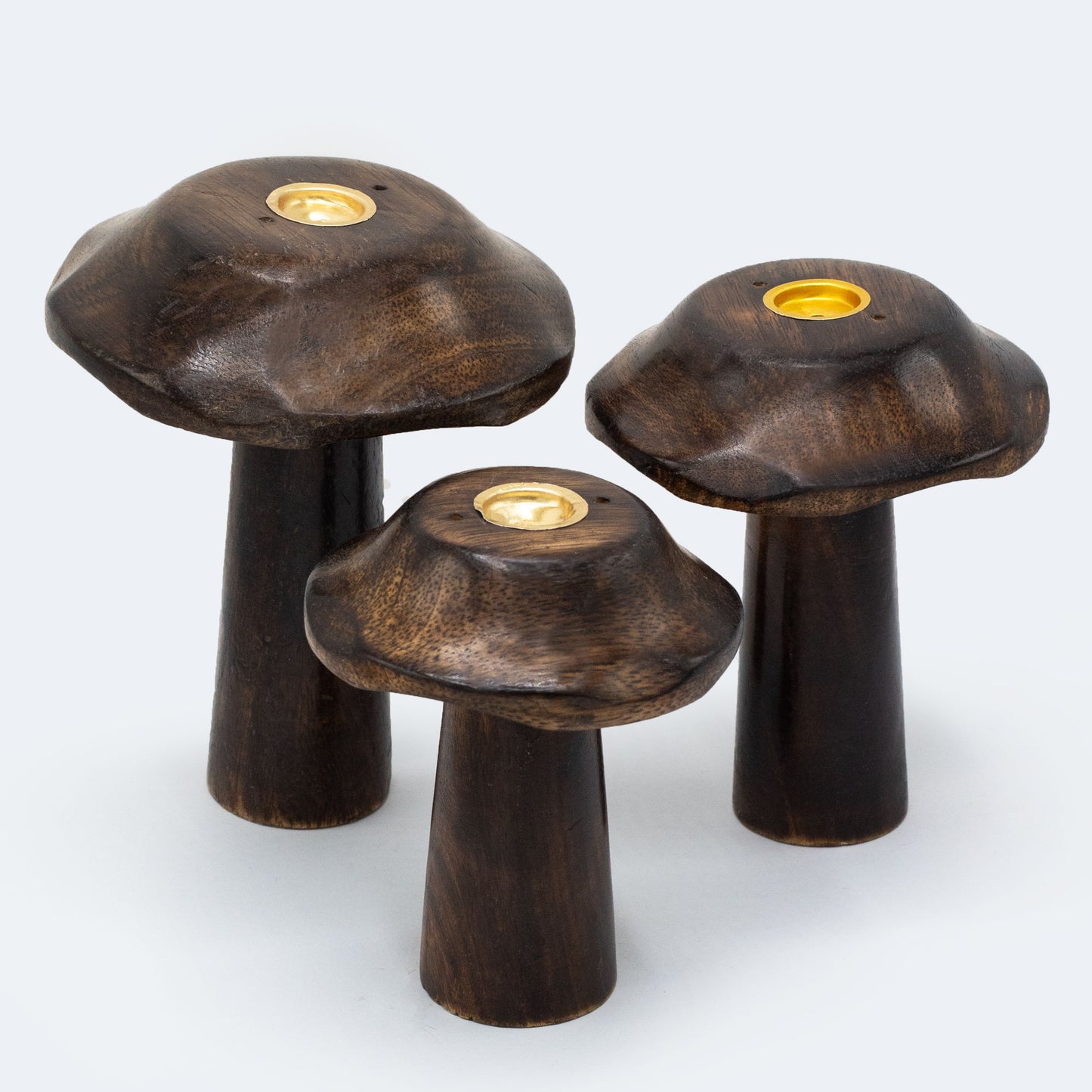 Flat Cap Mushroom Incense Holders – Set of 3 | Handcrafted Mango Wood