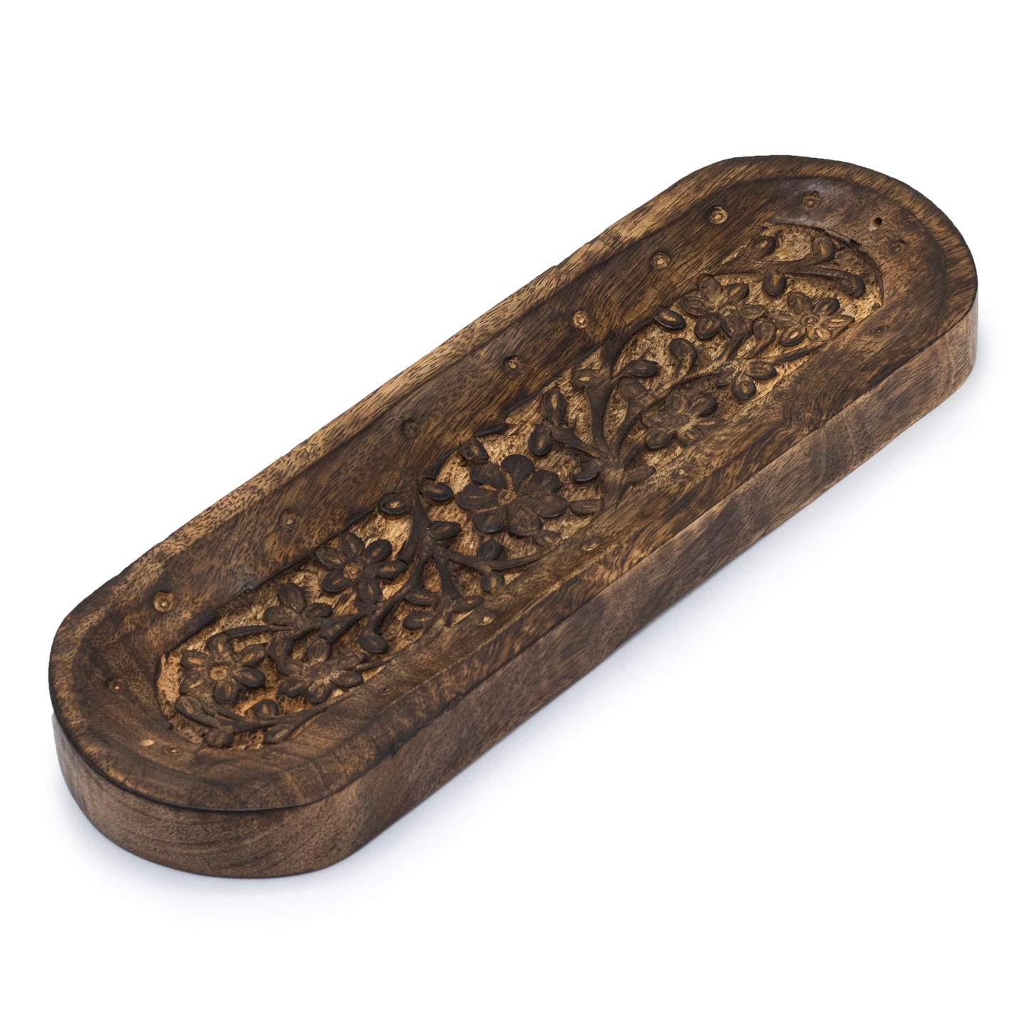 Mango Wood Incense Holder – Floral | Indian Ash Catcher & Botanical Ritual Tray