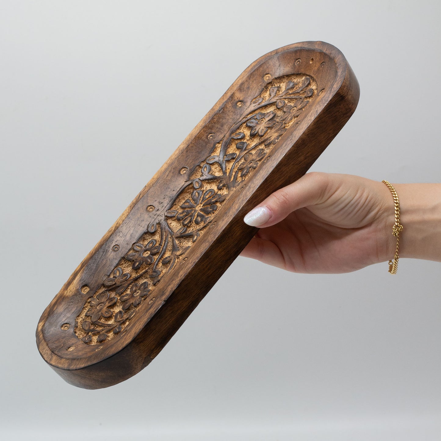 Mango Wood Incense Holder – Floral | Indian Ash Catcher & Botanical Ritual Tray