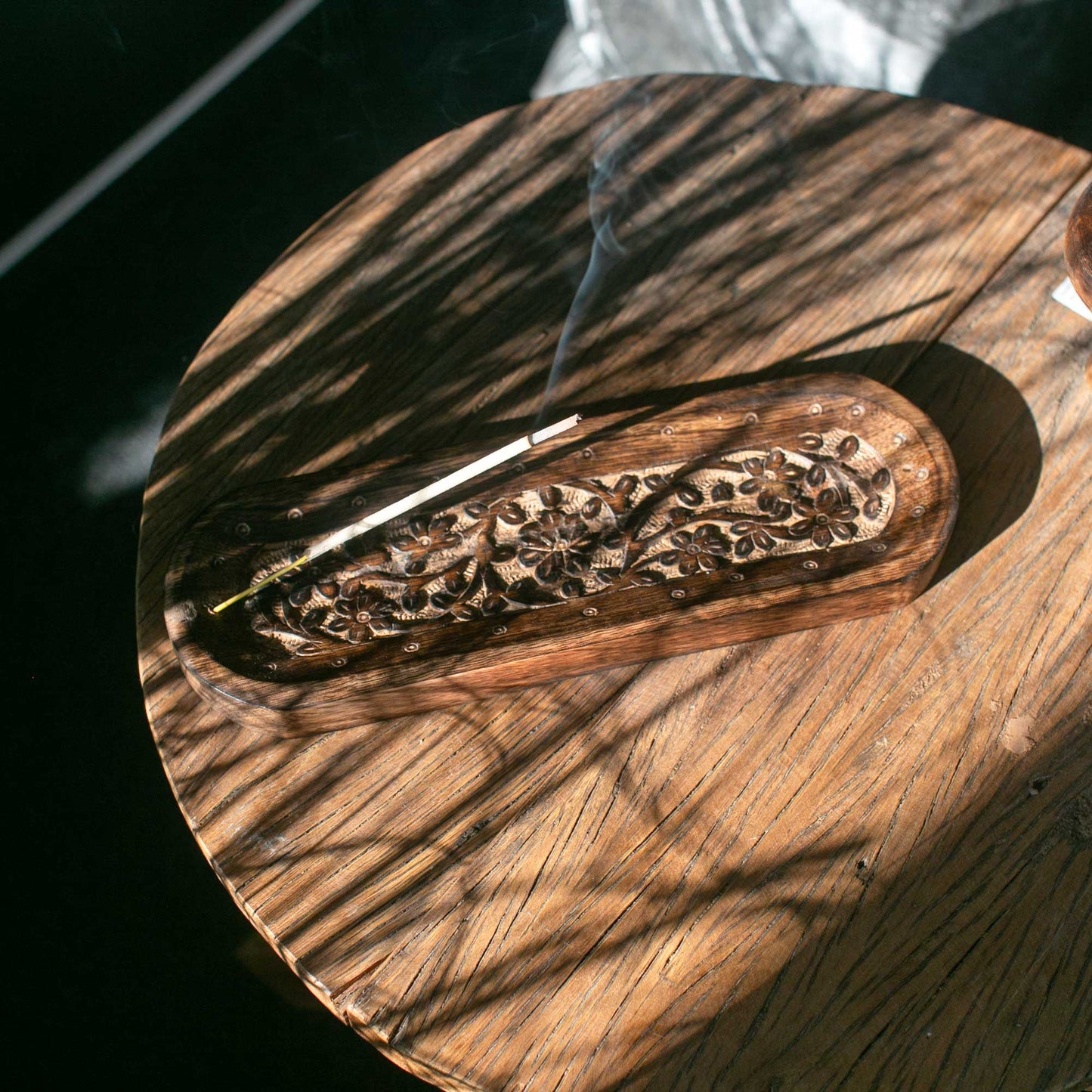 Mango Wood Incense Holder – Floral | Indian Ash Catcher & Botanical Ritual Tray