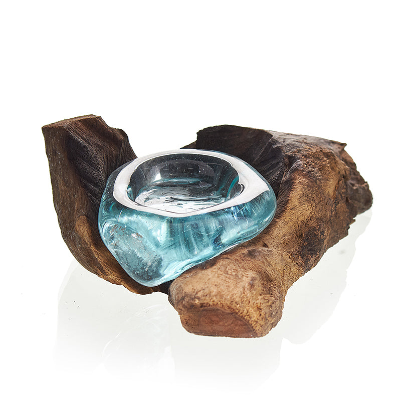 Molten Glass on Gamal Wood Candle Holder – Single Holder | Handmade in Bali with Recycled Glass