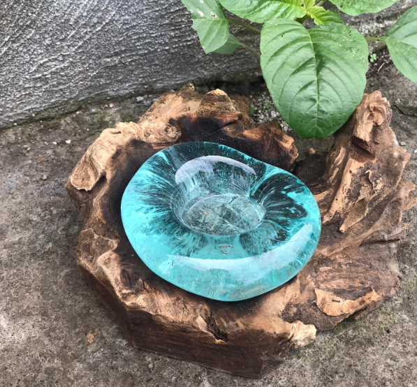 Molten Glass on Gamal Wood Candle Holder – Single Holder | Handmade in Bali with Recycled Glass