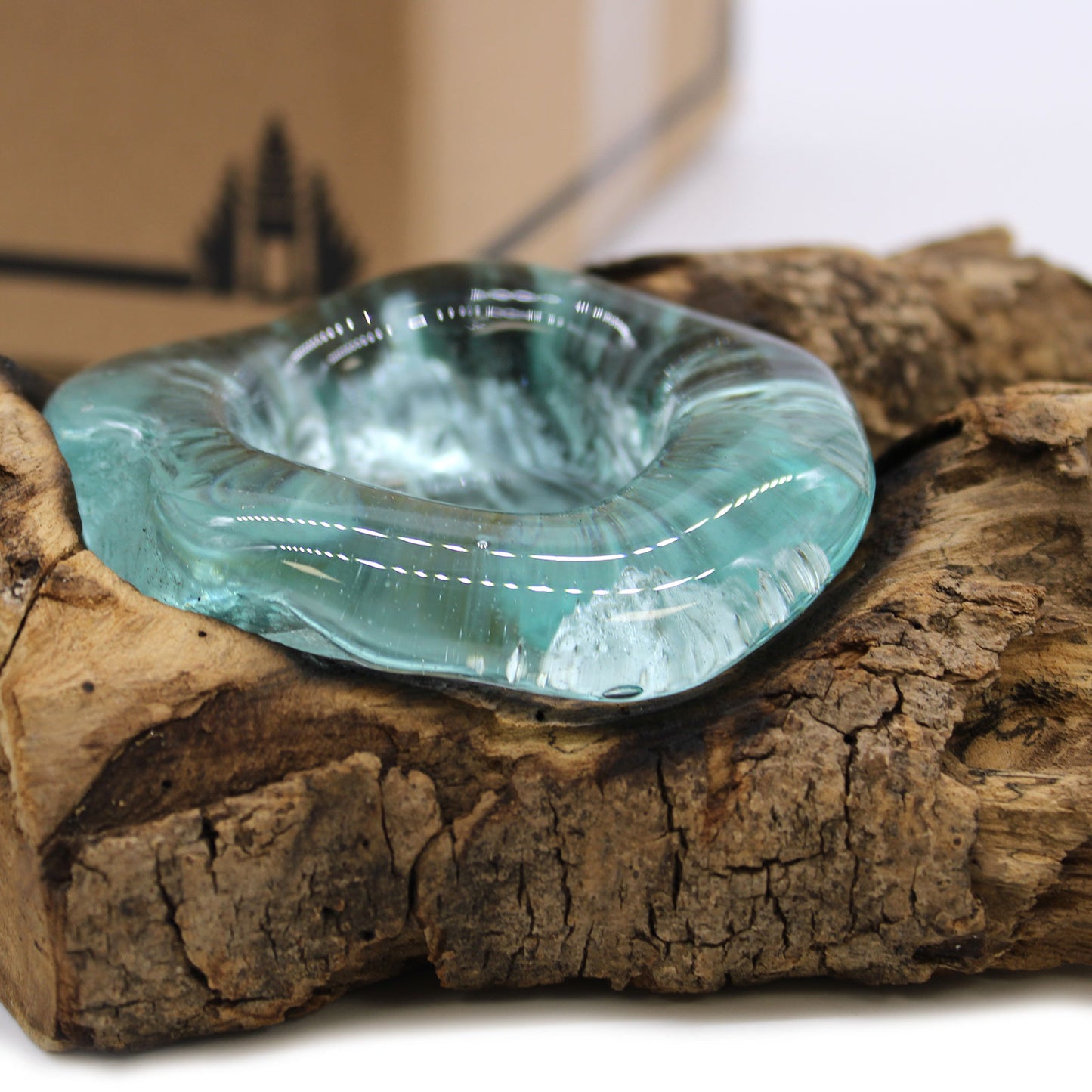 Molten Glass on Gamal Wood Candle Holder – Single Holder | Handmade in Bali with Recycled Glass