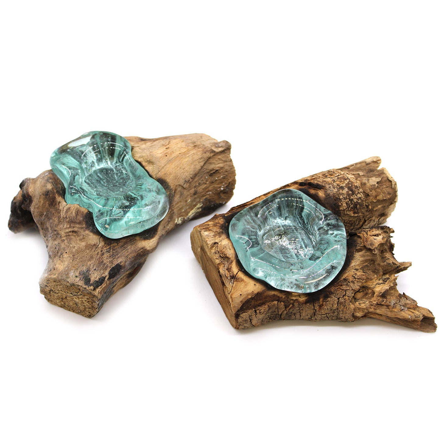Molten Glass on Gamal Wood Candle Holder – Single Holder | Handmade in Bali with Recycled Glass