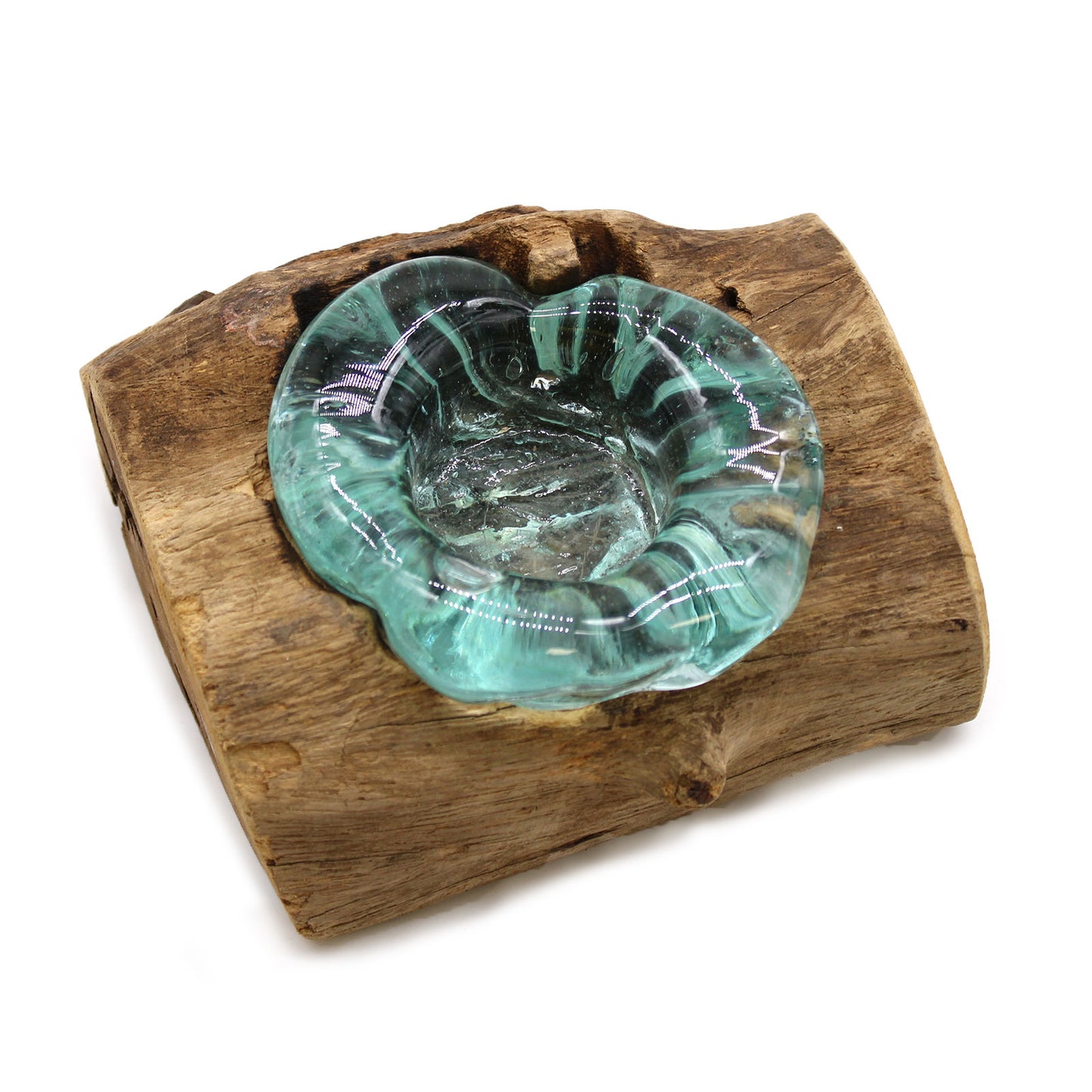 Molten Glass on Gamal Wood Candle Holder – Small Single Holder | Handmade in Bali with Recycled Glass