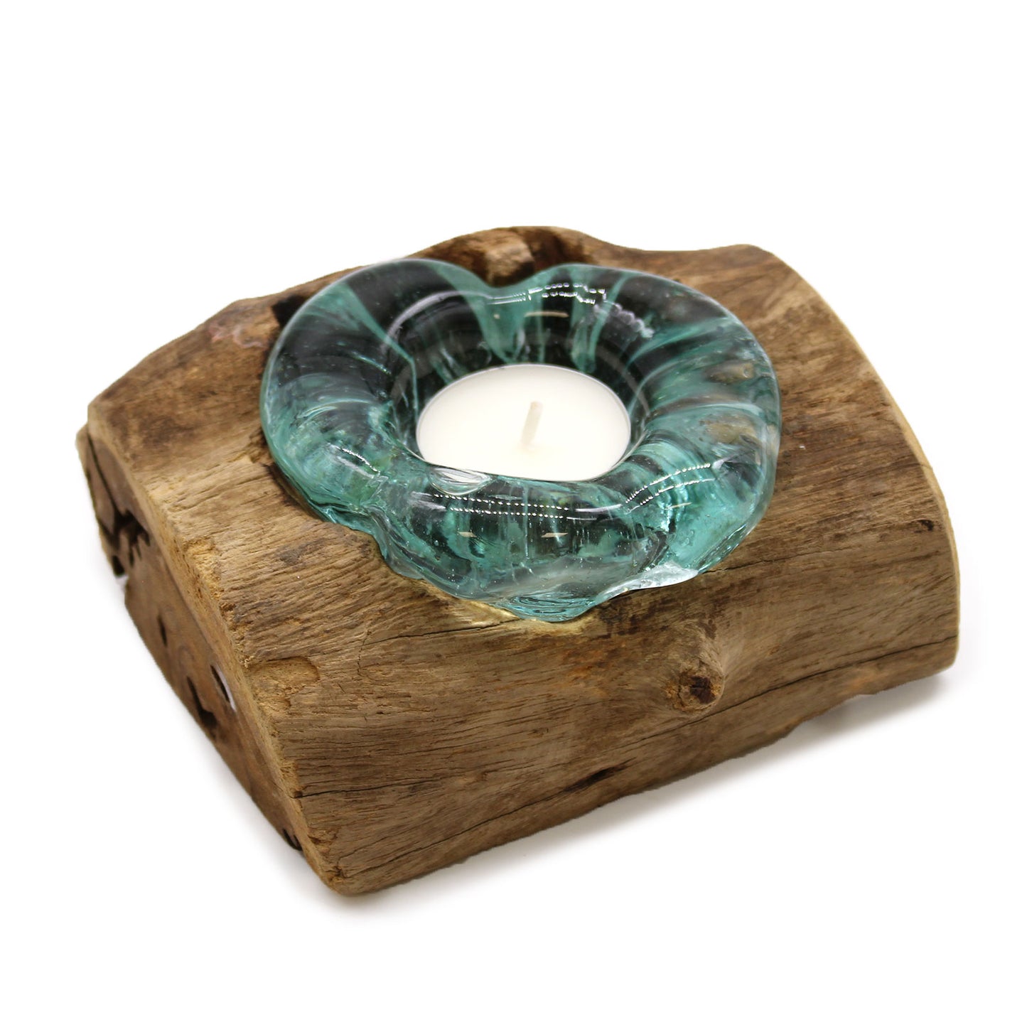 Molten Glass on Gamal Wood Candle Holder – Small Single Holder | Handmade in Bali with Recycled Glass