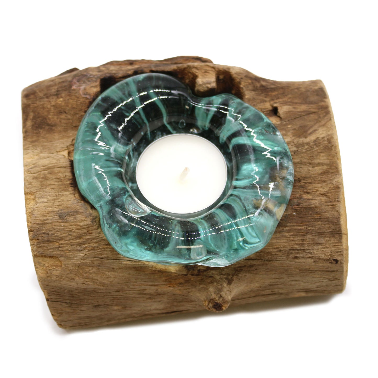 Molten Glass on Gamal Wood Candle Holder – Small Single Holder | Handmade in Bali with Recycled Glass