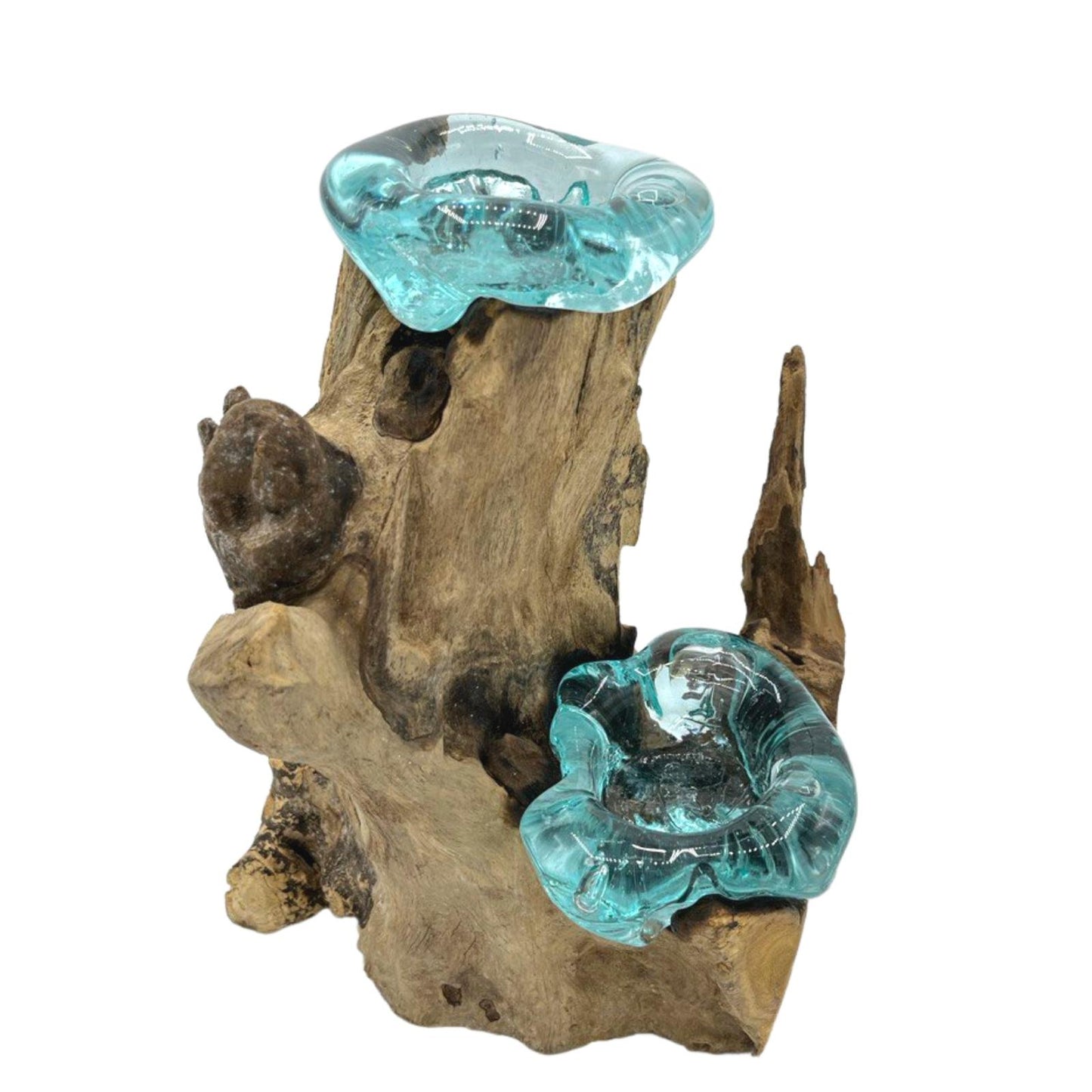 Molten Glass on Gamal Wood Candle Holder – Double Candle Holder | Handmade in Bali with Recycled Glass