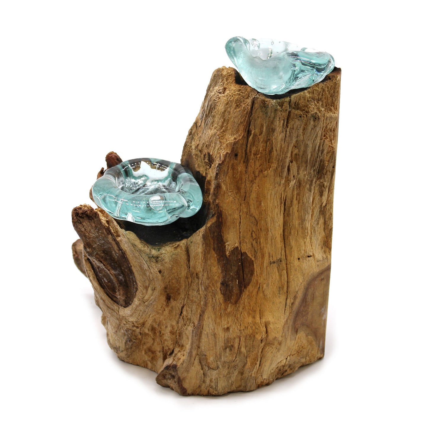Molten Glass on Gamal Wood Candle Holder – Double Candle Holder | Handmade in Bali with Recycled Glass
