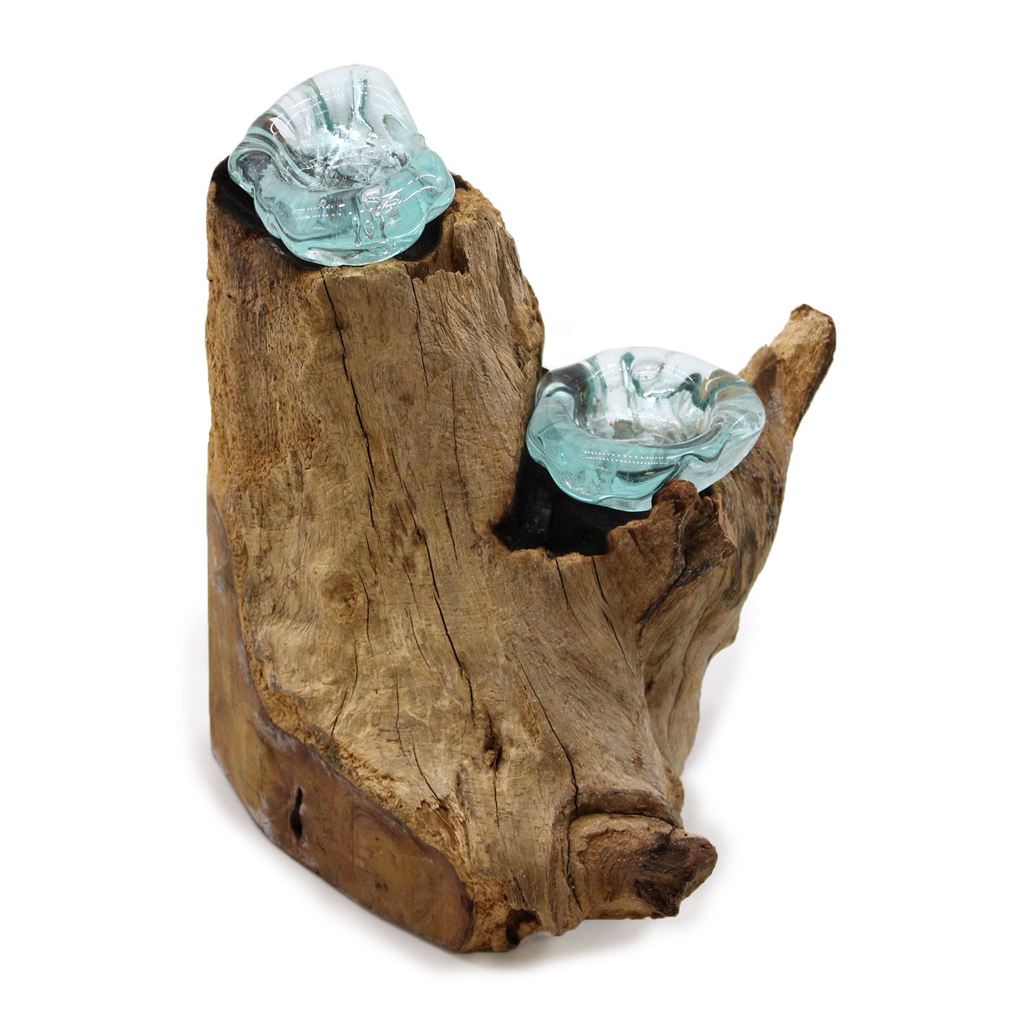 Molten Glass on Gamal Wood Candle Holder – Double Candle Holder | Handmade in Bali with Recycled Glass