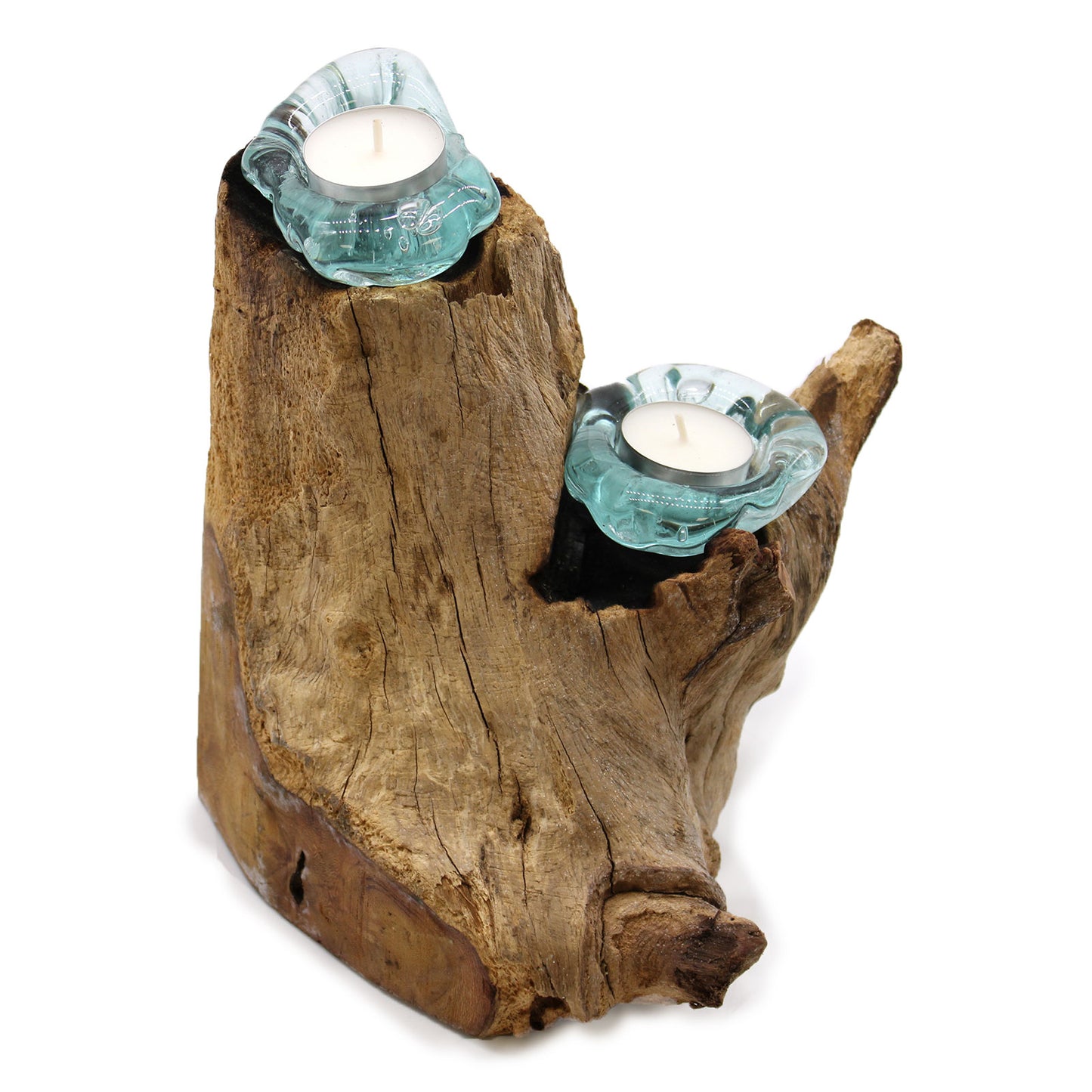 Molten Glass on Gamal Wood Candle Holder – Double Candle Holder | Handmade in Bali with Recycled Glass