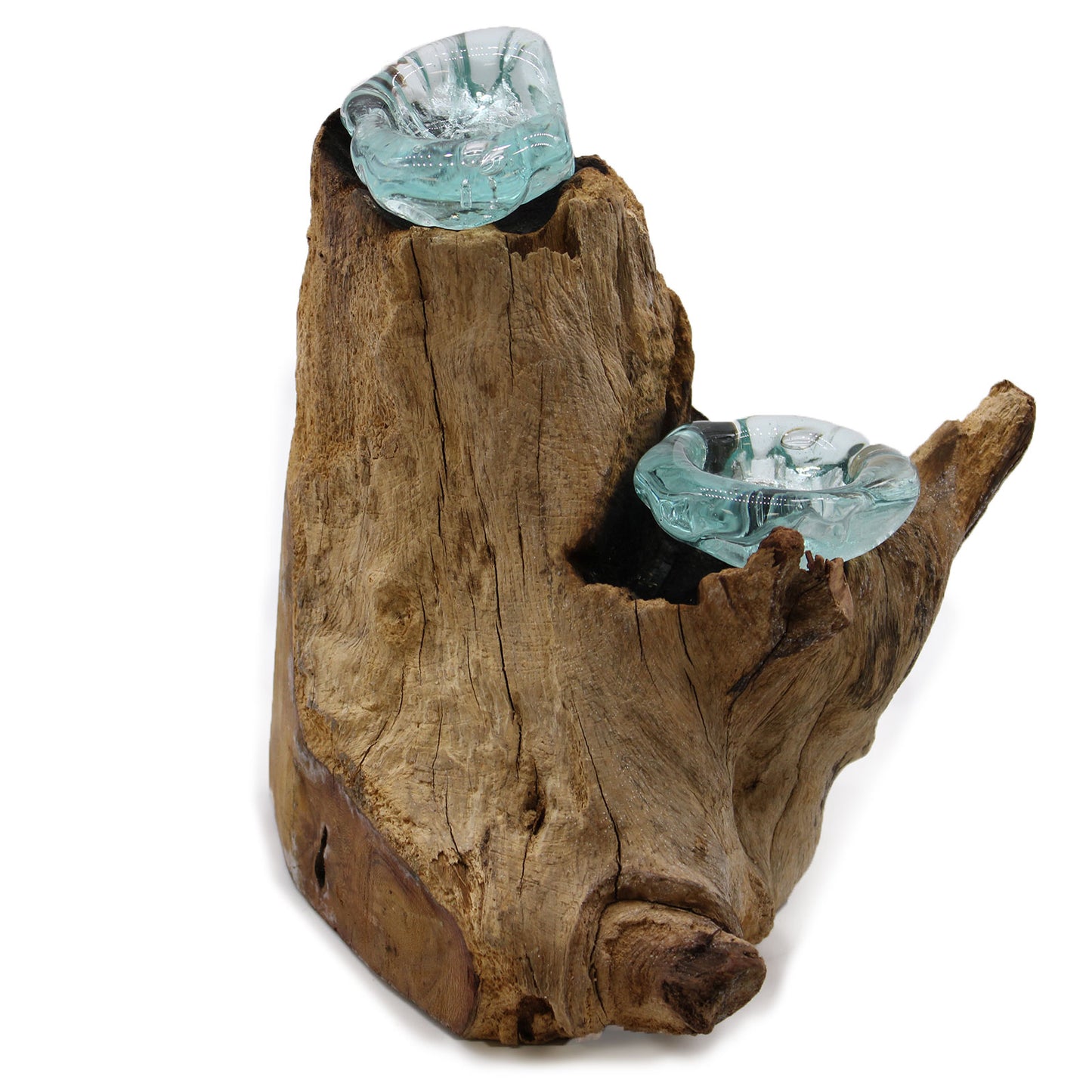 Molten Glass on Gamal Wood Candle Holder – Double Candle Holder | Handmade in Bali with Recycled Glass