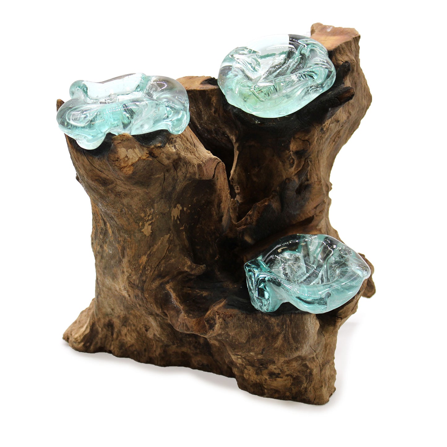 Molten Glass on Gamal Wood Candle Holder – Triple Holder | Handmade in Bali with Recycled Glass