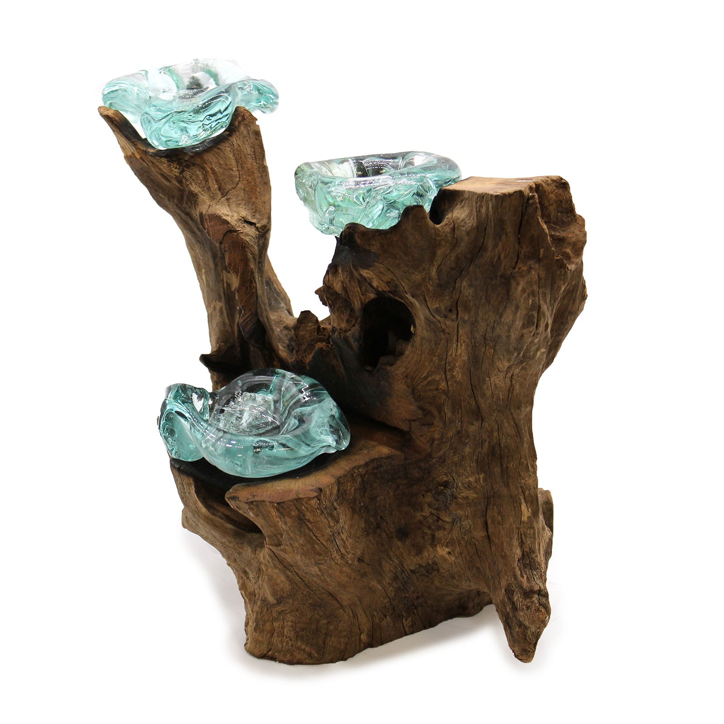 Molten Glass on Gamal Wood Candle Holder – Triple Holder | Handmade in Bali with Recycled Glass