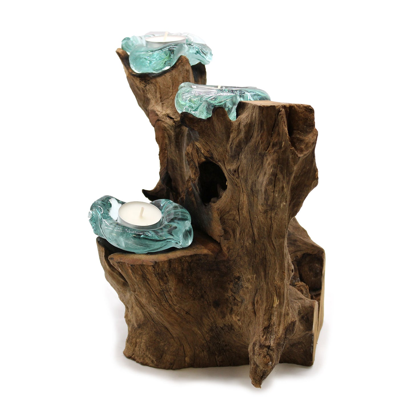 Molten Glass on Gamal Wood Candle Holder – Triple Holder | Handmade in Bali with Recycled Glass