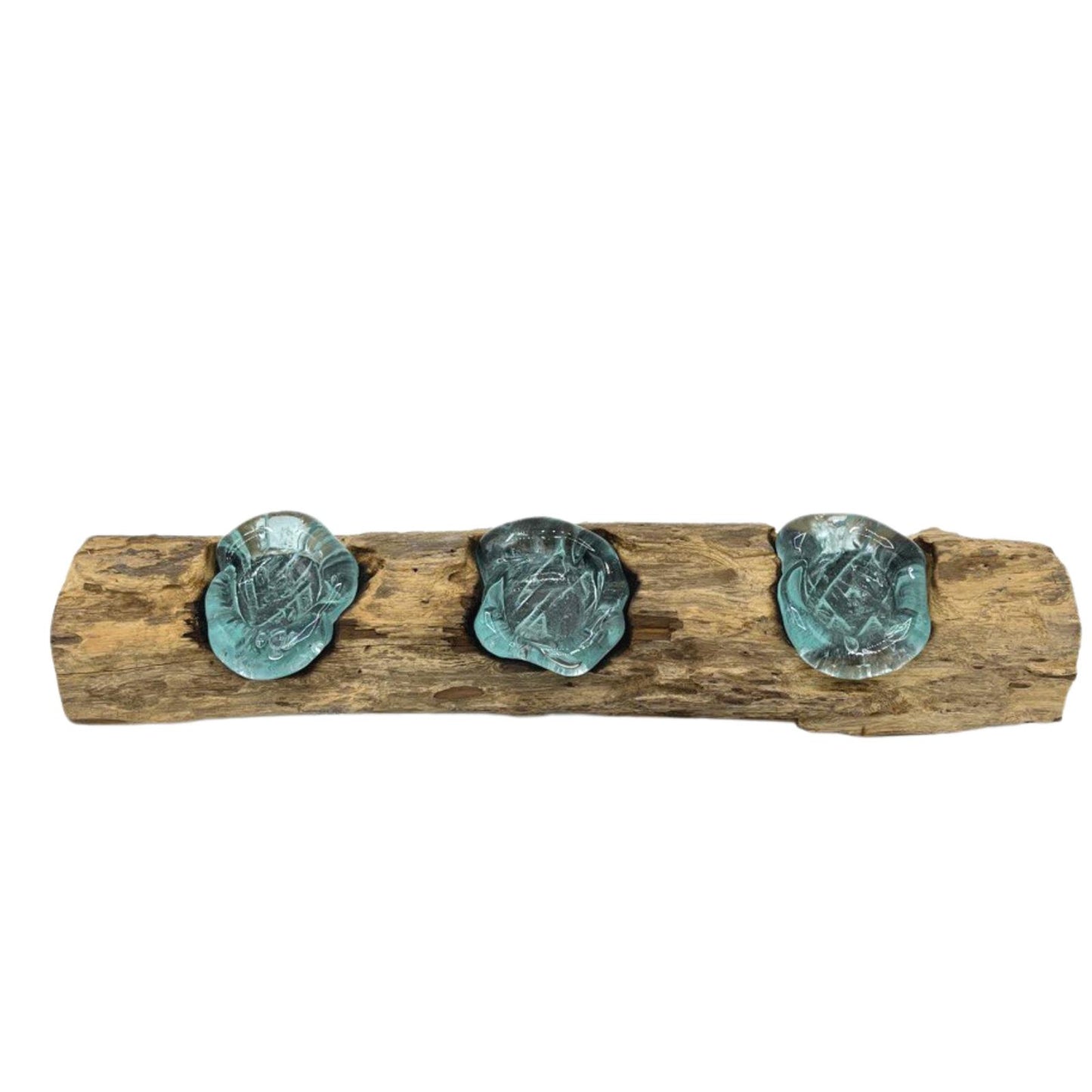Molten Glass on Gamal Wood Candle Holder – Flat Triple Holder | Handmade in Bali with Recycled Glass