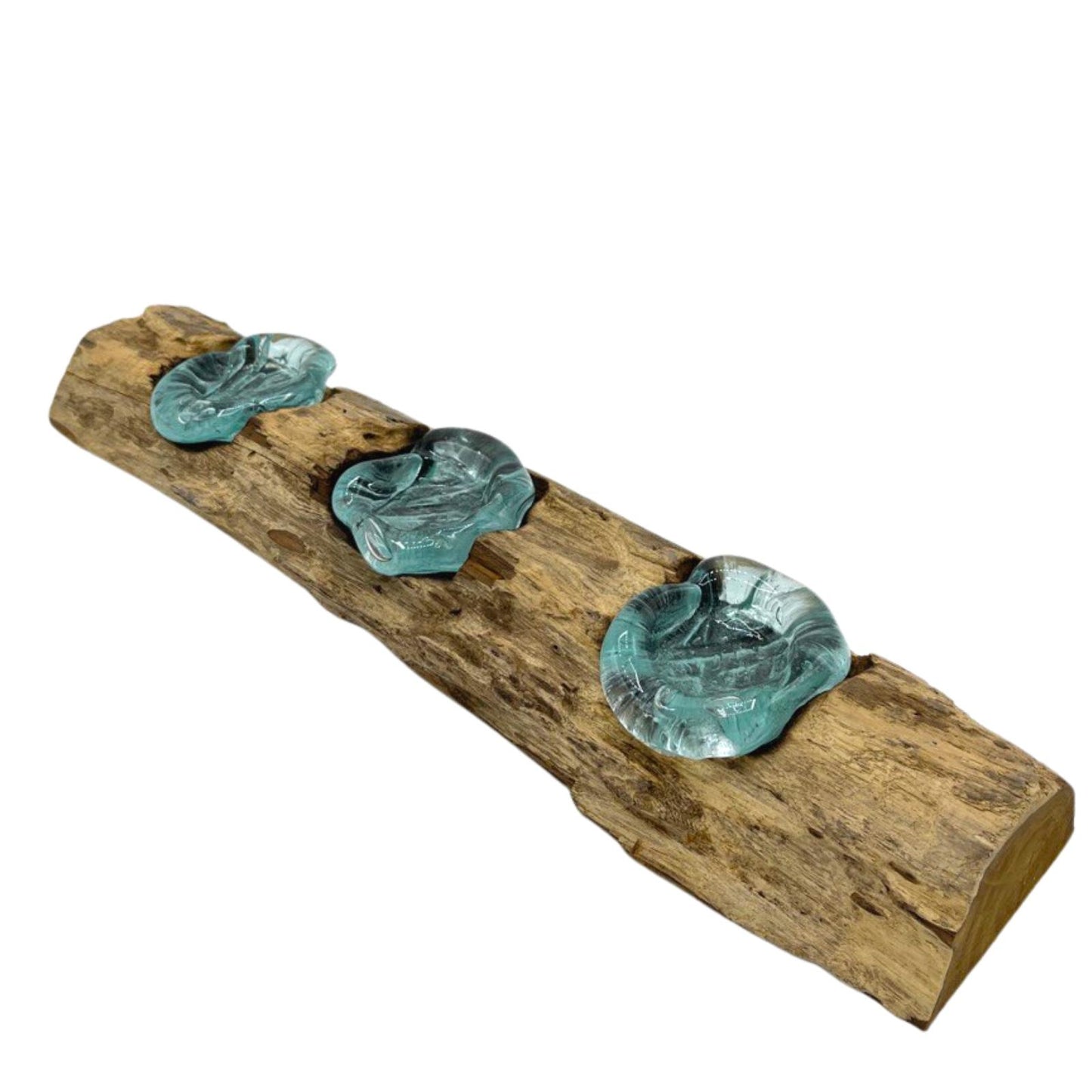 Molten Glass on Gamal Wood Candle Holder – Flat Triple Holder | Handmade in Bali with Recycled Glass