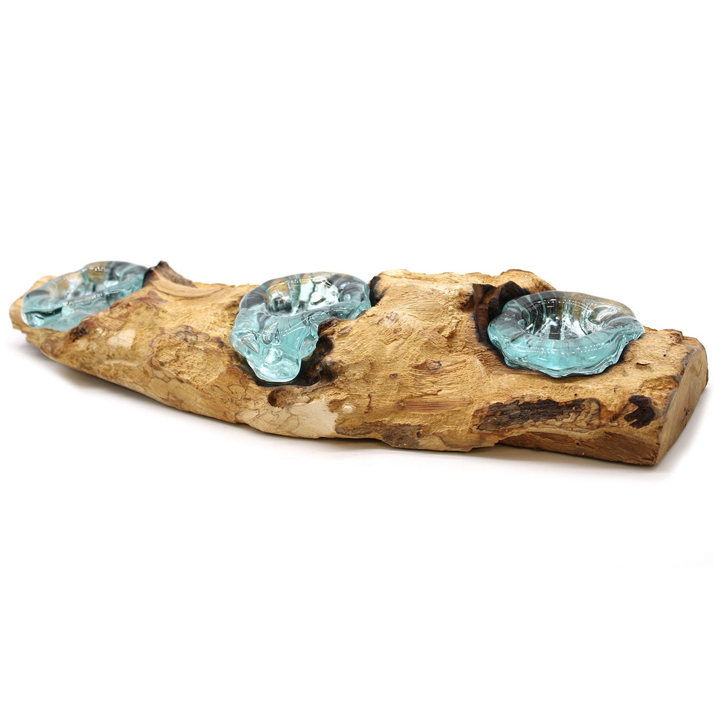 Molten Glass on Gamal Wood Candle Holder – Flat Triple Holder | Handmade in Bali with Recycled Glass