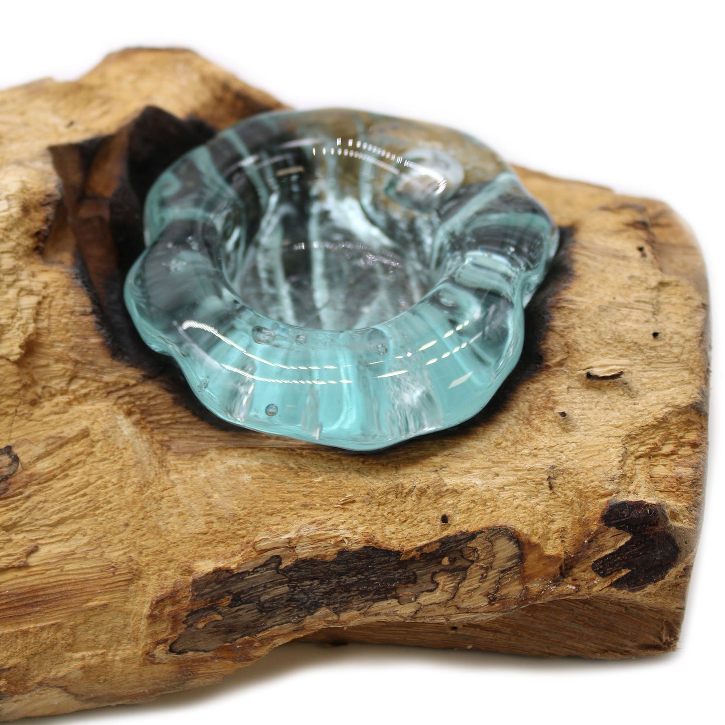 Molten Glass on Gamal Wood Candle Holder – Flat Triple Holder | Handmade in Bali with Recycled Glass