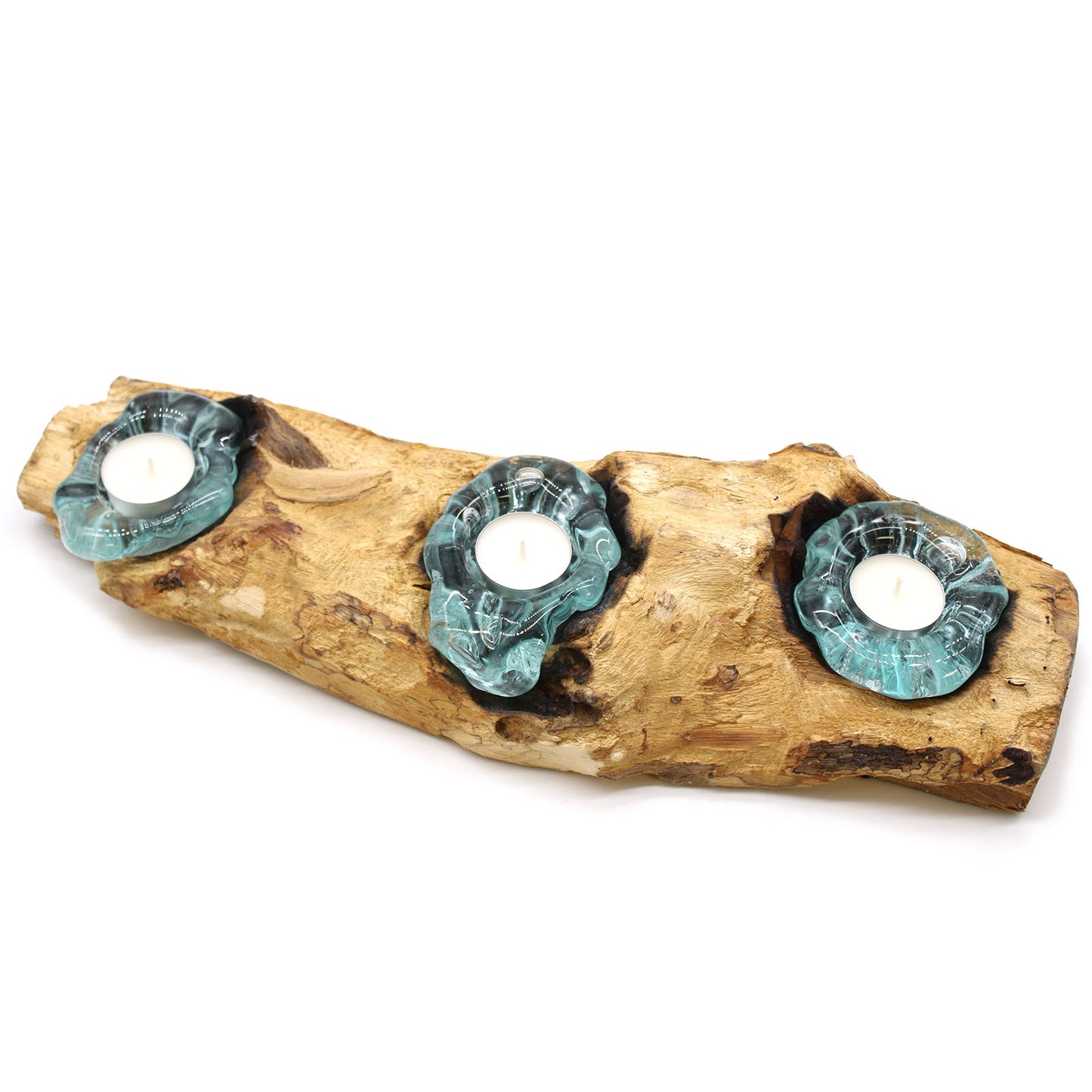 Molten Glass on Gamal Wood Candle Holder – Flat Triple Holder | Handmade in Bali with Recycled Glass