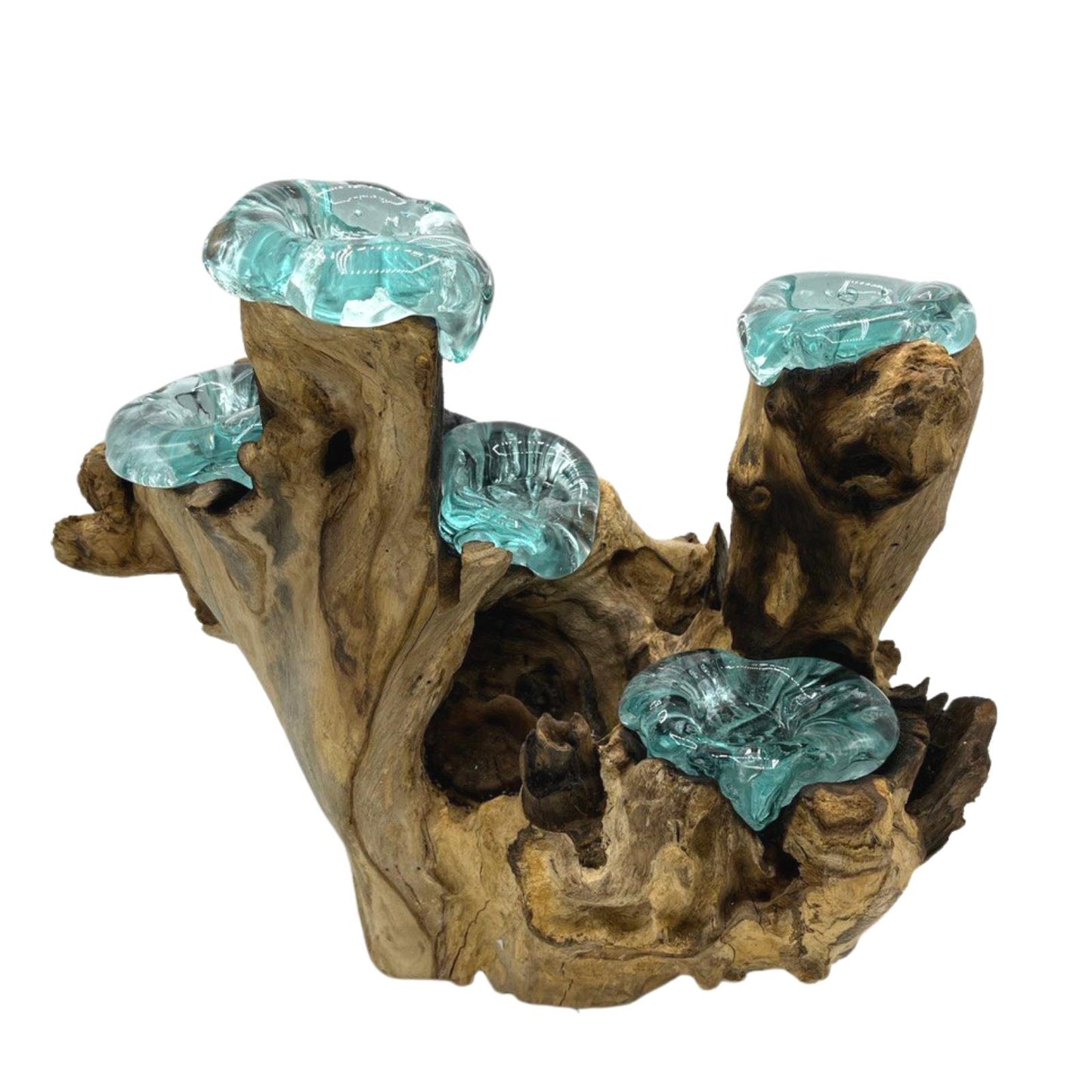 Molten Glass on Gamal Wood Candle Holder – Five Holder | Handmade in Bali with Recycled Glass