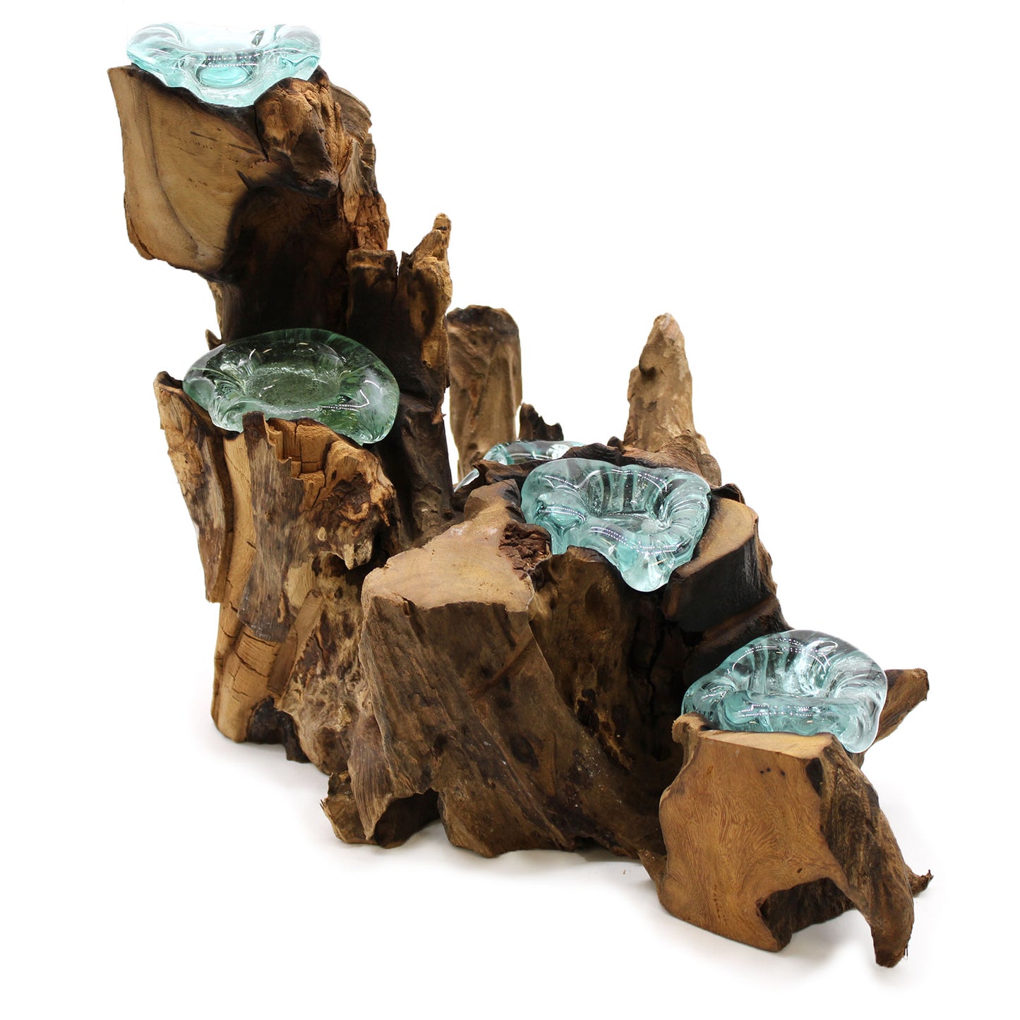 Molten Glass on Gamal Wood Candle Holder – Five Holder | Handmade in Bali with Recycled Glass
