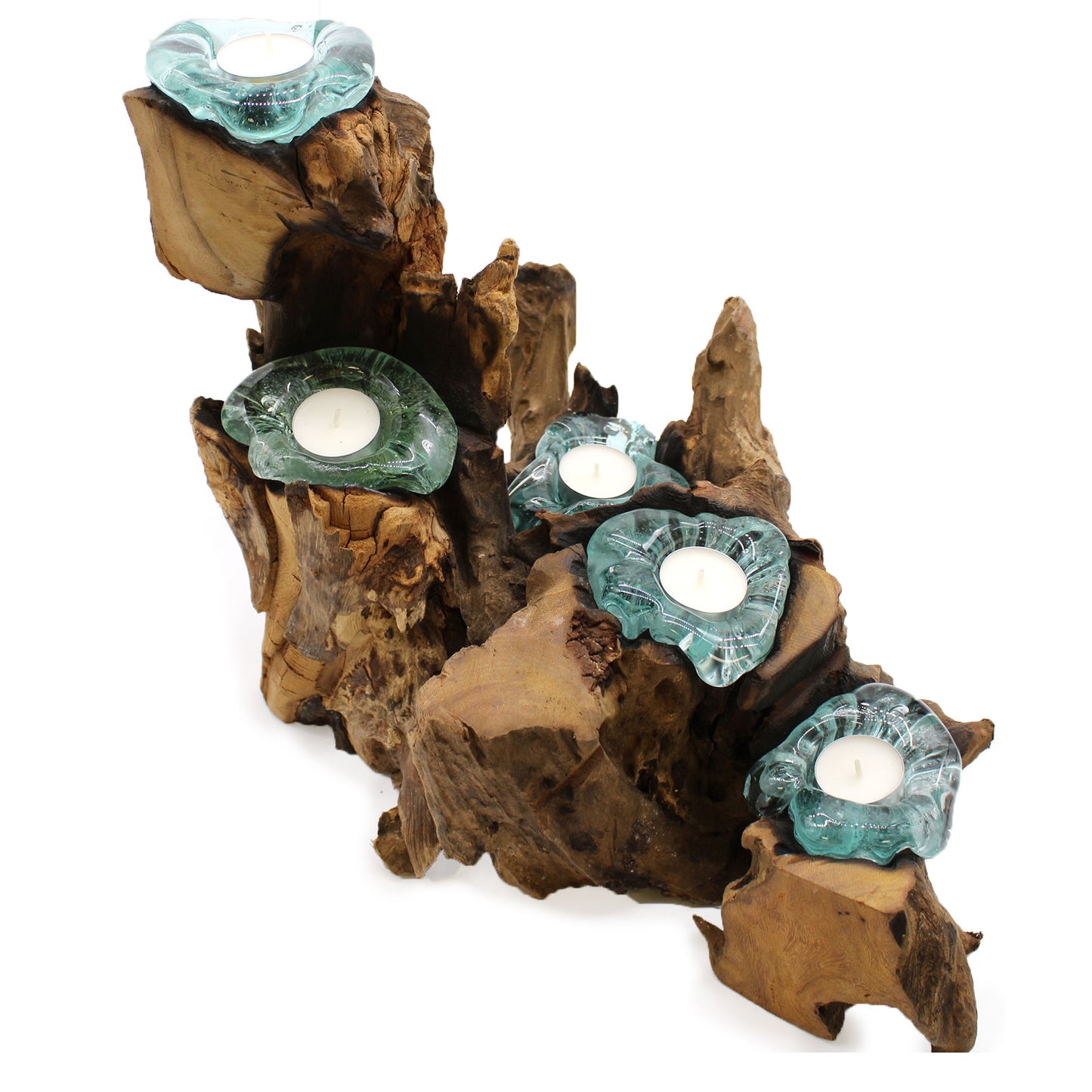 Molten Glass on Gamal Wood Candle Holder – Five Holder | Handmade in Bali with Recycled Glass