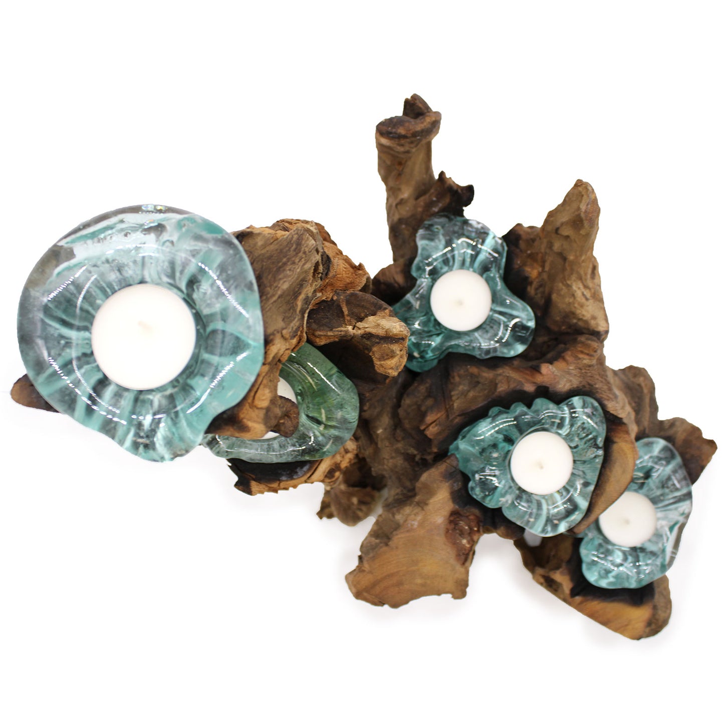 Molten Glass on Gamal Wood Candle Holder – Five Holder | Handmade in Bali with Recycled Glass