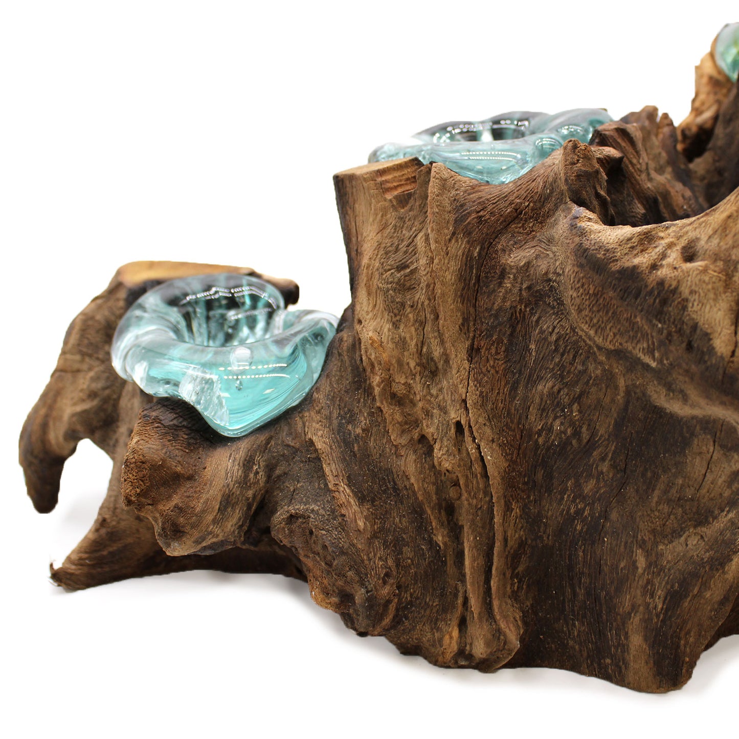 Molten Glass on Gamal Wood Candle Holder – Five Holder | Handmade in Bali with Recycled Glass