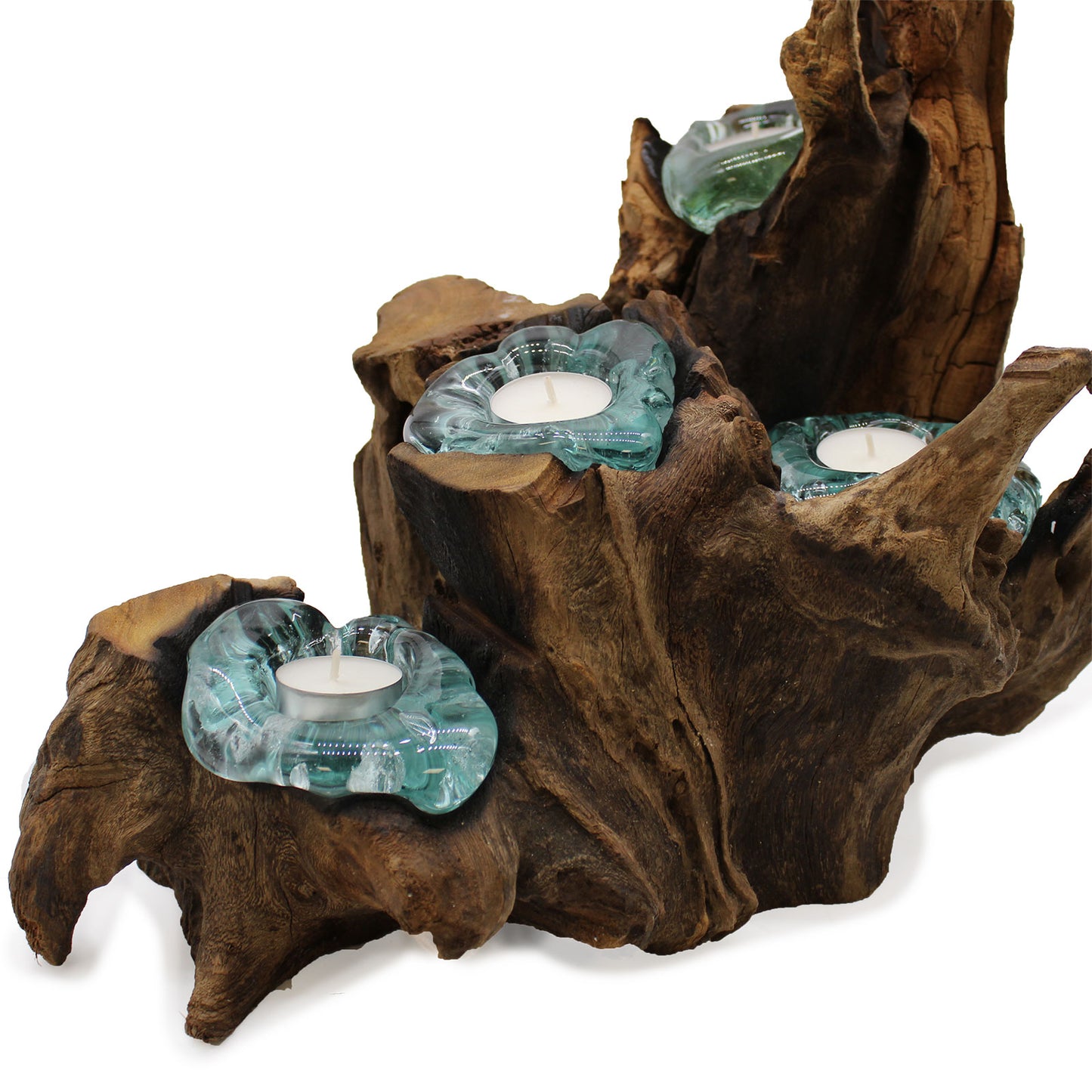 Molten Glass on Gamal Wood Candle Holder – Five Holder | Handmade in Bali with Recycled Glass