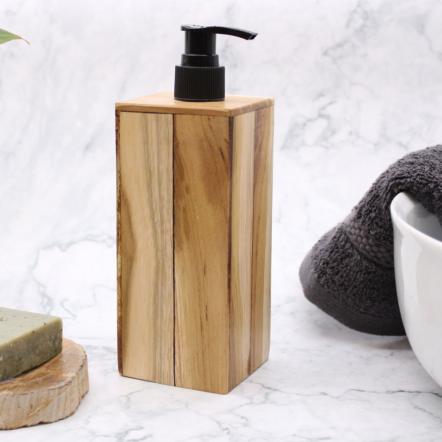 Square Natural Teakwood Soap Dispenser – 200ml | Handmade Refillable Pump Bottle