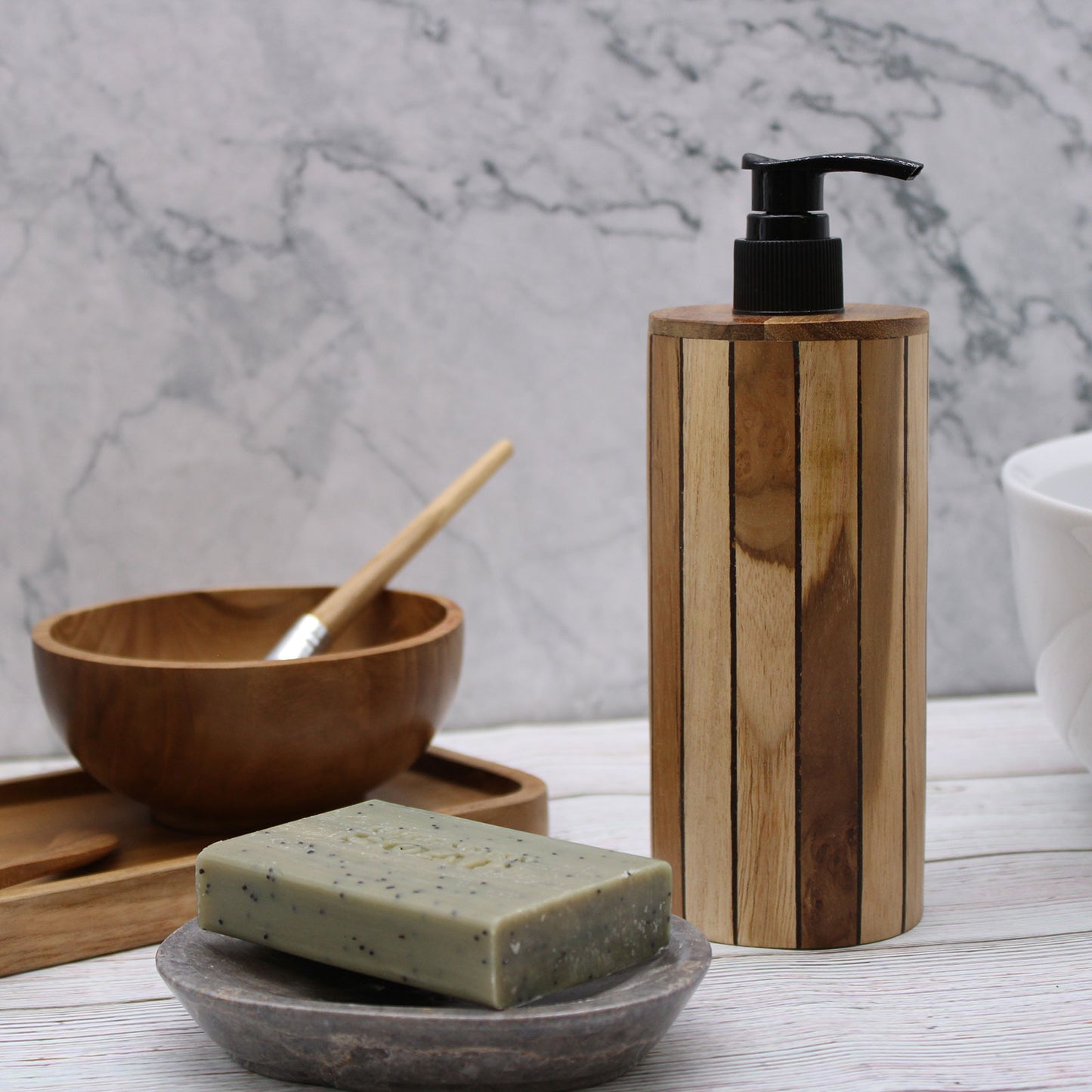 Round Natural Teakwood Soap Dispenser – 200ml | Handmade Refillable Pump Bottle