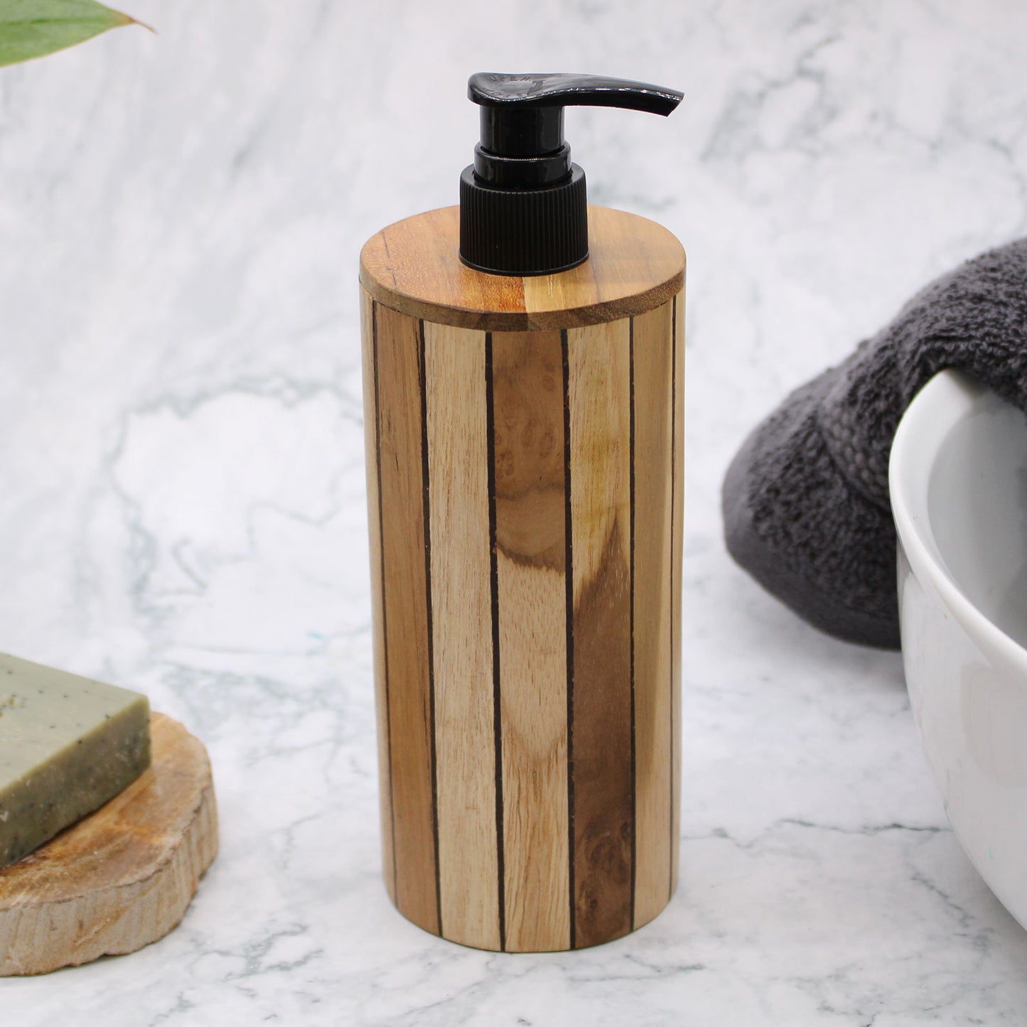 Round Natural Teakwood Soap Dispenser – 200ml | Handmade Refillable Pump Bottle