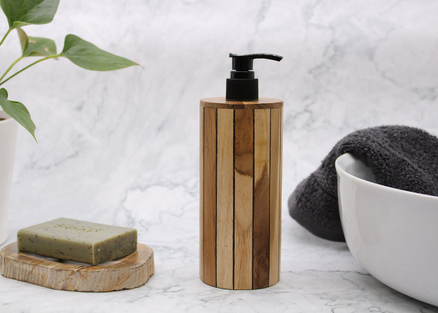 Round Natural Teakwood Soap Dispenser – 200ml | Handmade Refillable Pump Bottle