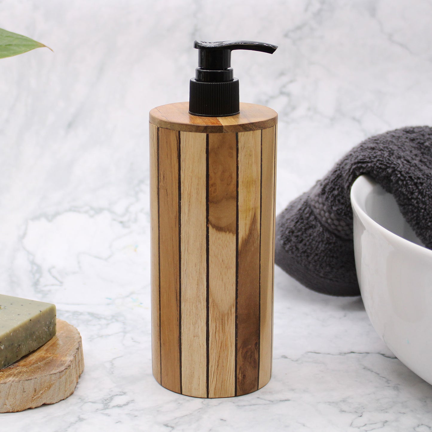 Round Natural Teakwood Soap Dispenser – 200ml | Handmade Refillable Pump Bottle