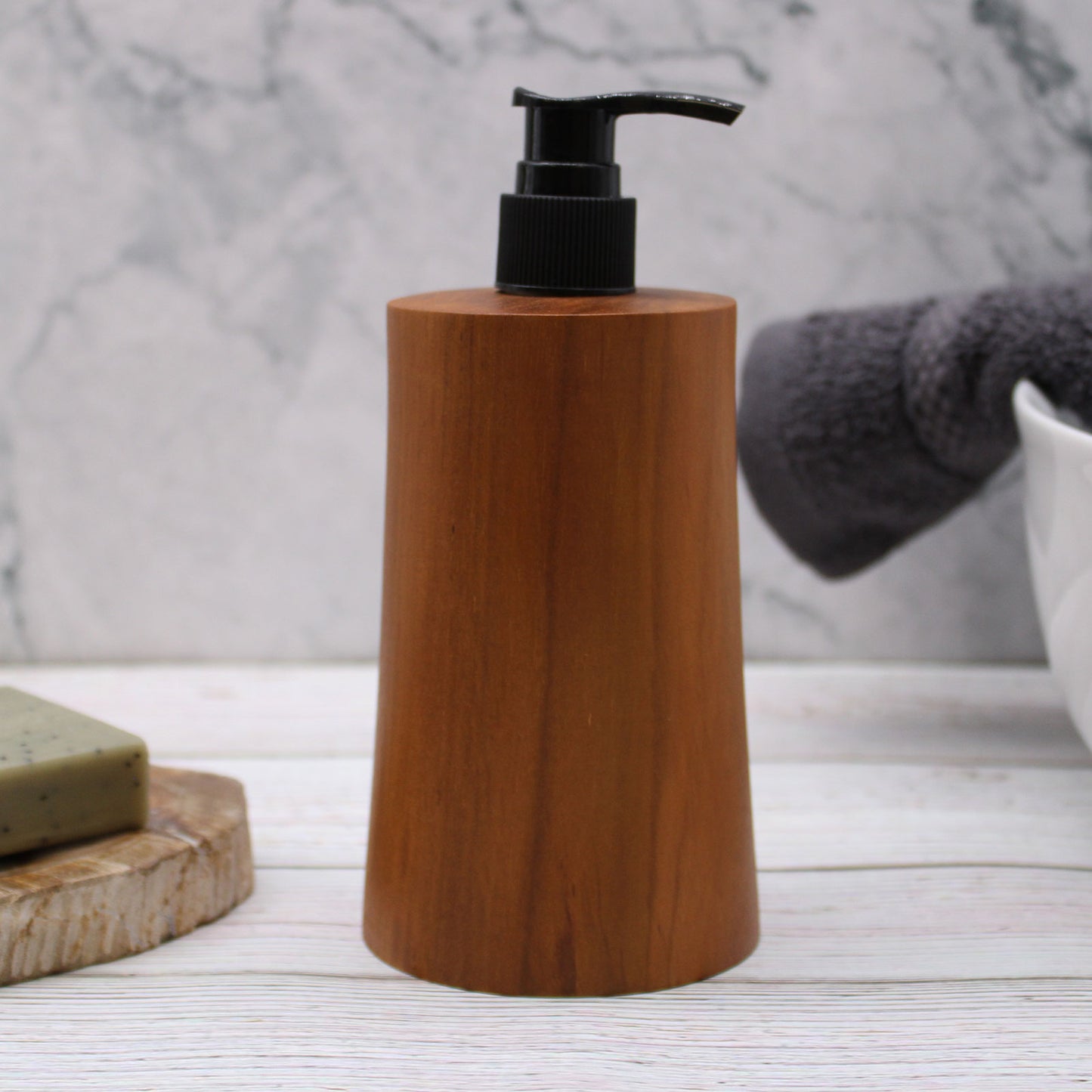 Tapered Natural Teakwood Soap Dispenser – 200ml | Handmade Refillable Pump Bottle
